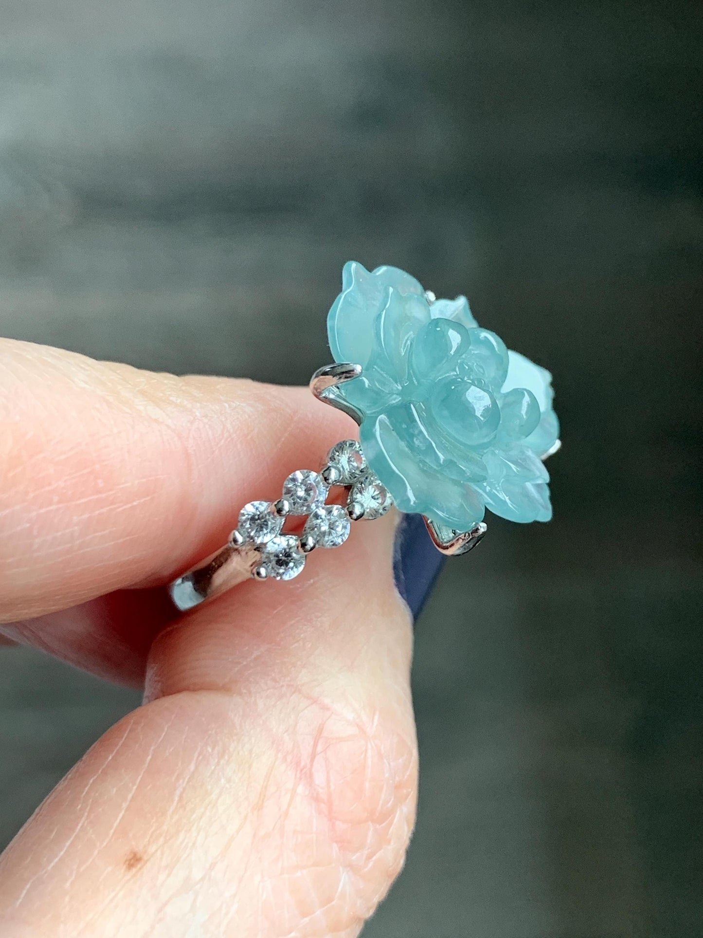 Natural Grade A Guatemalan Icy Translucent Teal Blue Jade Jadeite Lotus Flower Ring Sterling Silver Size Adjustable 5g 天然冰危浅蓝绿翡翠莲花戒指 WLY150G