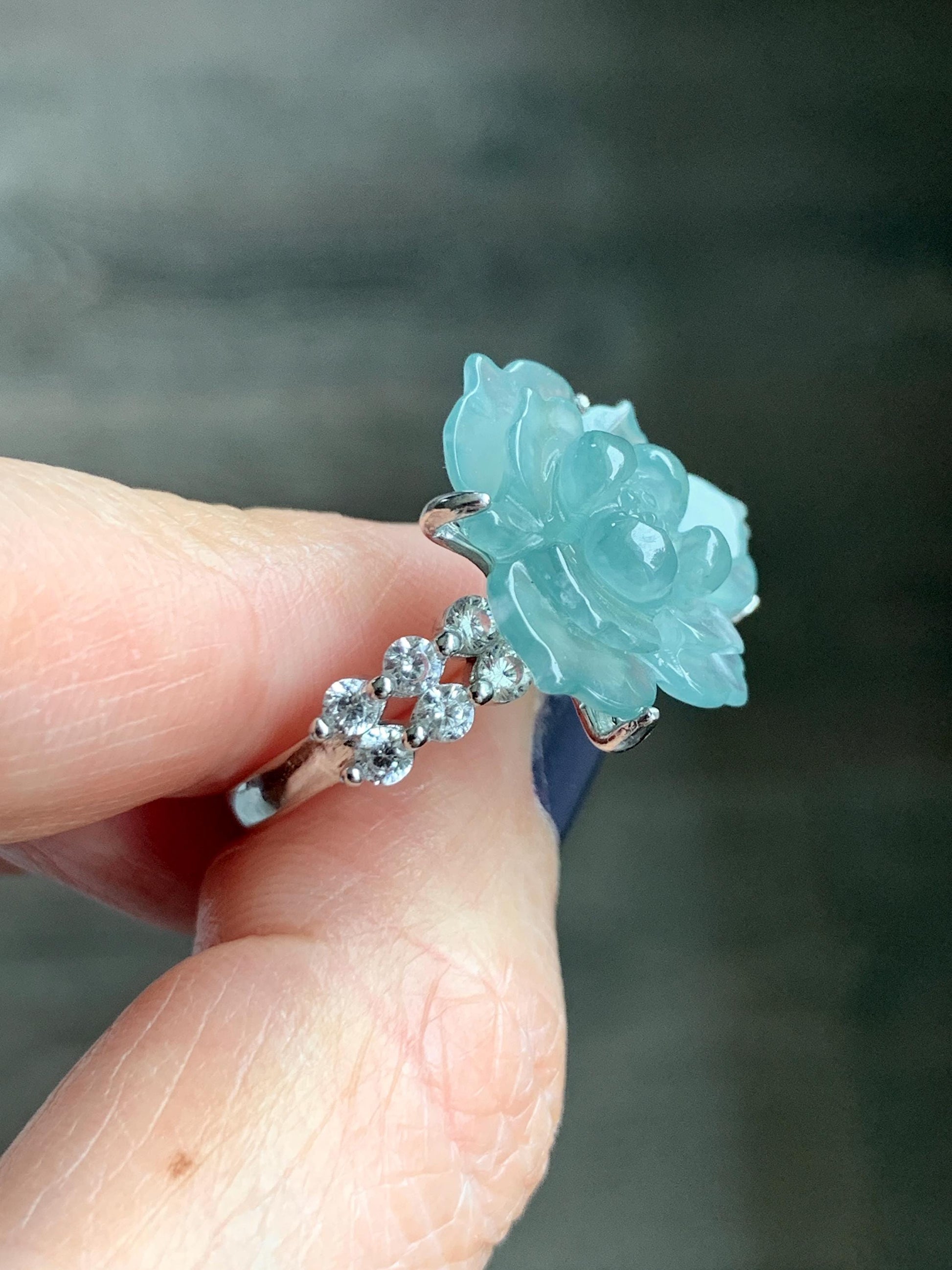 Natural Grade A Guatemalan Icy Translucent Teal Blue Jade Jadeite Lotus Flower Ring Sterling Silver Size Adjustable 5g 天然冰危浅蓝绿翡翠莲花戒指 WLY150G