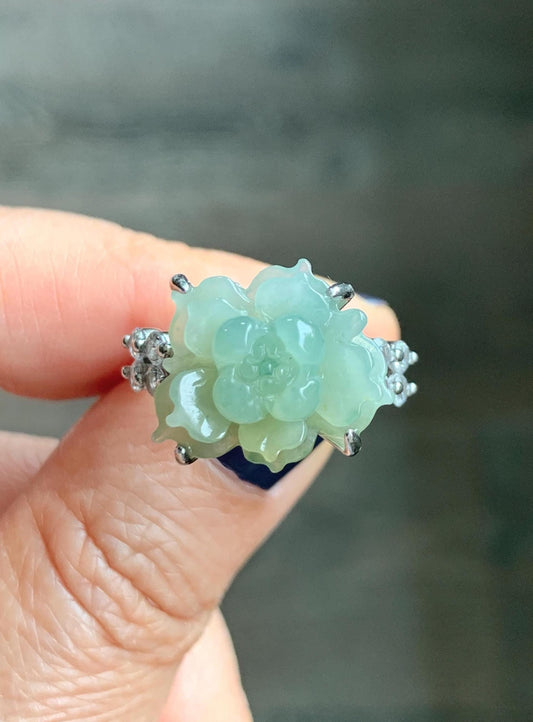 Natural Grade A Guatemalan Icy Dusty Pastel Yellow Jade Jadeite Lotus Flower Ring Sterling Silver Size Adjustable 5g 天然冰危浅黄翡翠莲花戒指 WLY150F