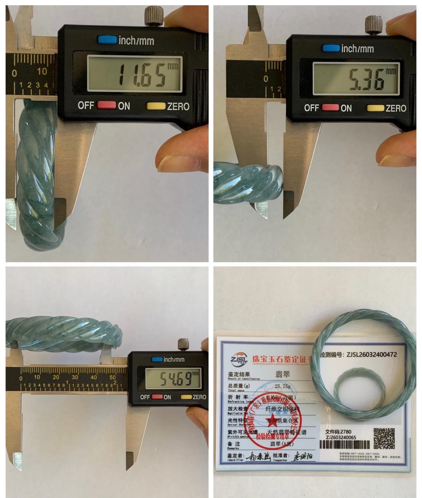 Certified Natural Grade A Guatemalan Icy Translucent Dark Dusty Blue Jade Jadeite Carved Braid Bangle 54.69mm 6.76” 26g 天然冰危暗蓝翡翠麻花手镯 472