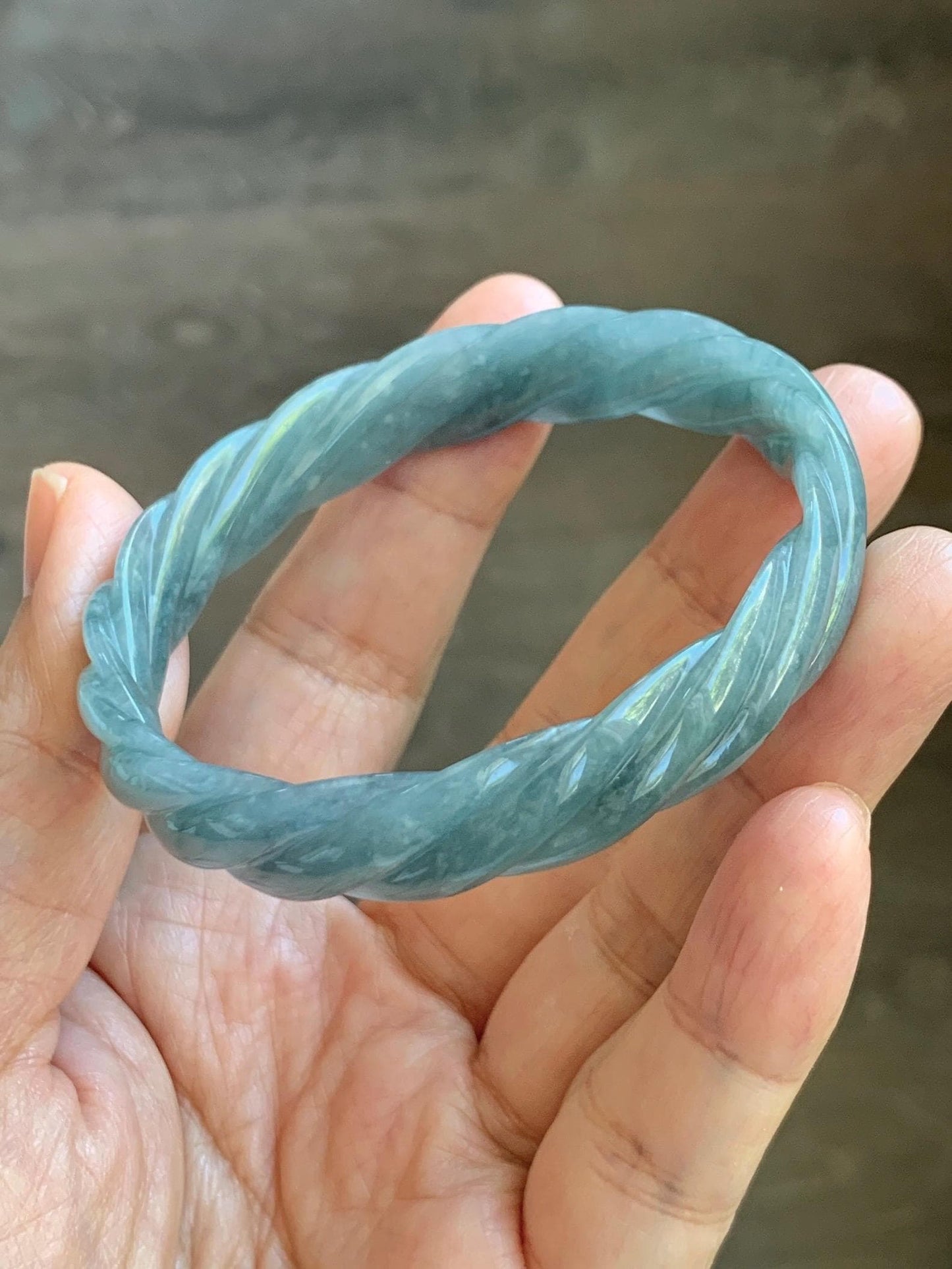 Certified Natural Grade A Guatemalan Icy Translucent Dark Dusty Blue Jade Jadeite Carved Braid Bangle 54.69mm 6.76” 26g 天然冰危暗蓝翡翠麻花手镯 472