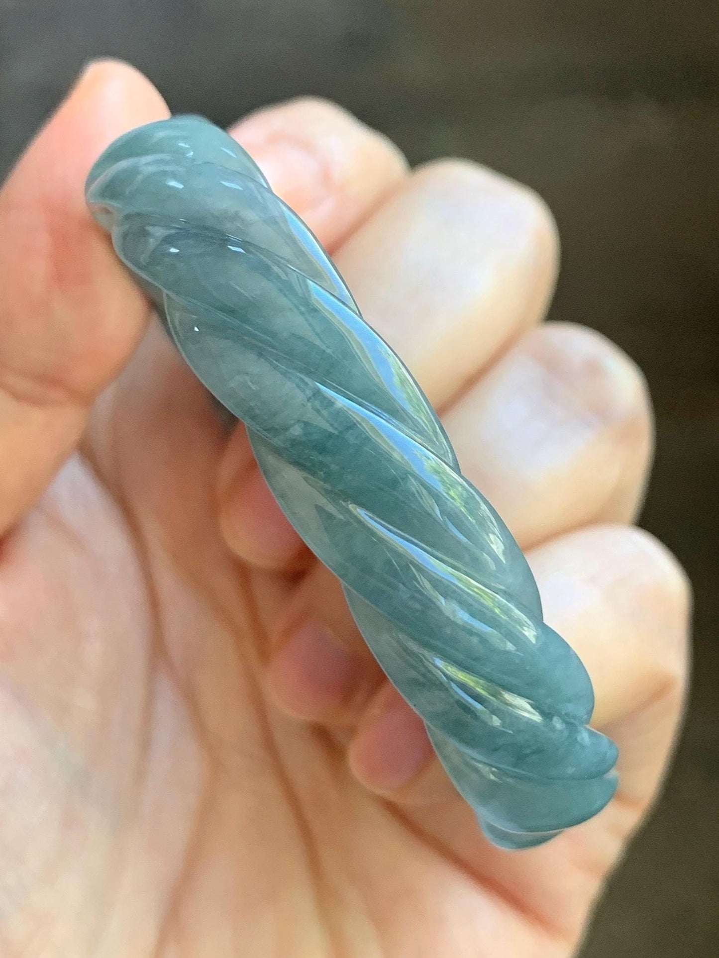 Certified Natural Grade A Guatemalan Icy Translucent Dark Dusty Blue Jade Jadeite Carved Braid Bangle 54.69mm 6.76” 26g 天然冰危暗蓝翡翠麻花手镯 472