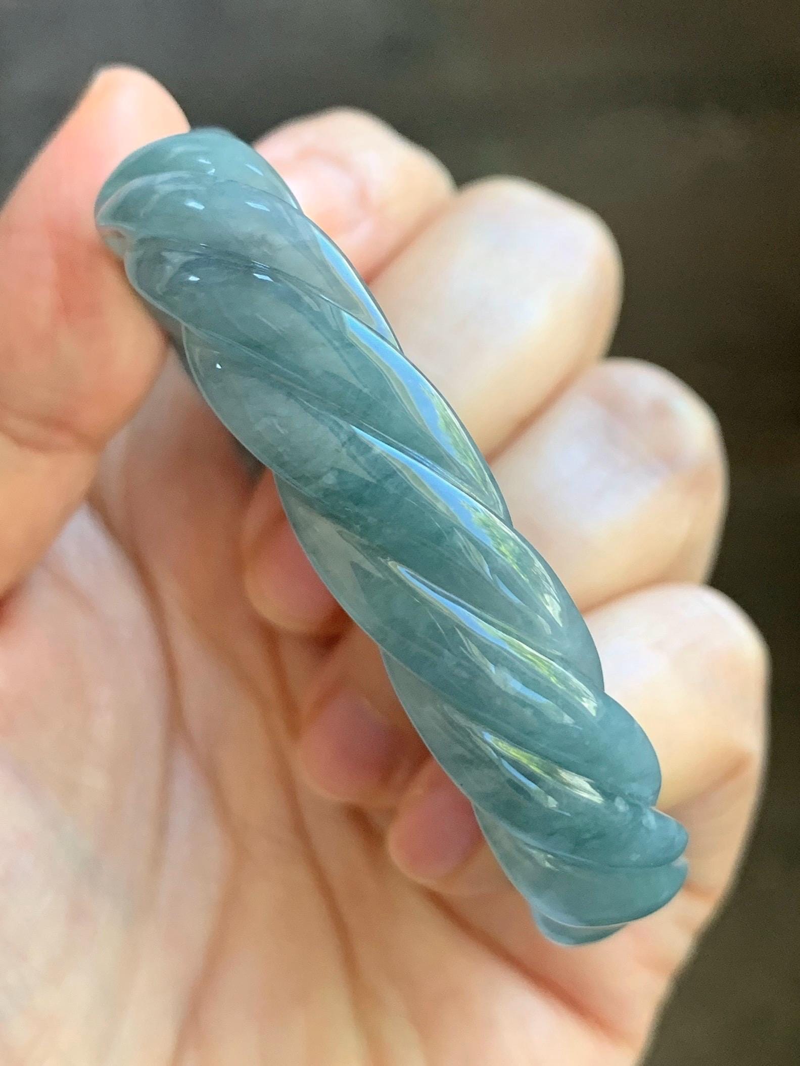Certified Natural Grade A Guatemalan Icy Translucent Dark Dusty Blue Jade Jadeite Carved Braid Bangle 54.69mm 6.76” 26g 天然冰危暗蓝翡翠麻花手镯 472