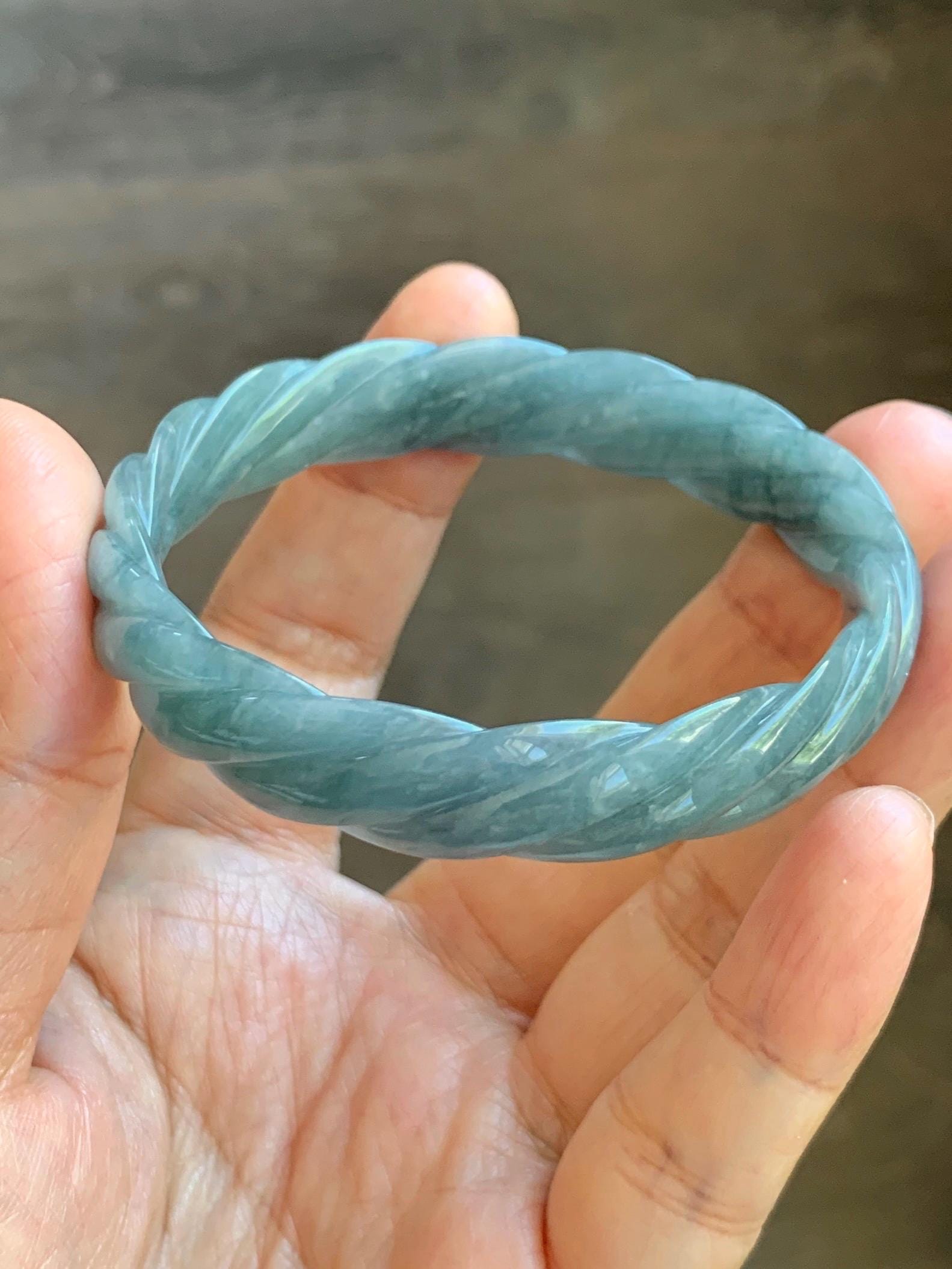 Certified Natural Grade A Guatemalan Icy Translucent Dark Dusty Blue Jade Jadeite Carved Braid Bangle 54.69mm 6.76” 26g 天然冰危暗蓝翡翠麻花手镯 472
