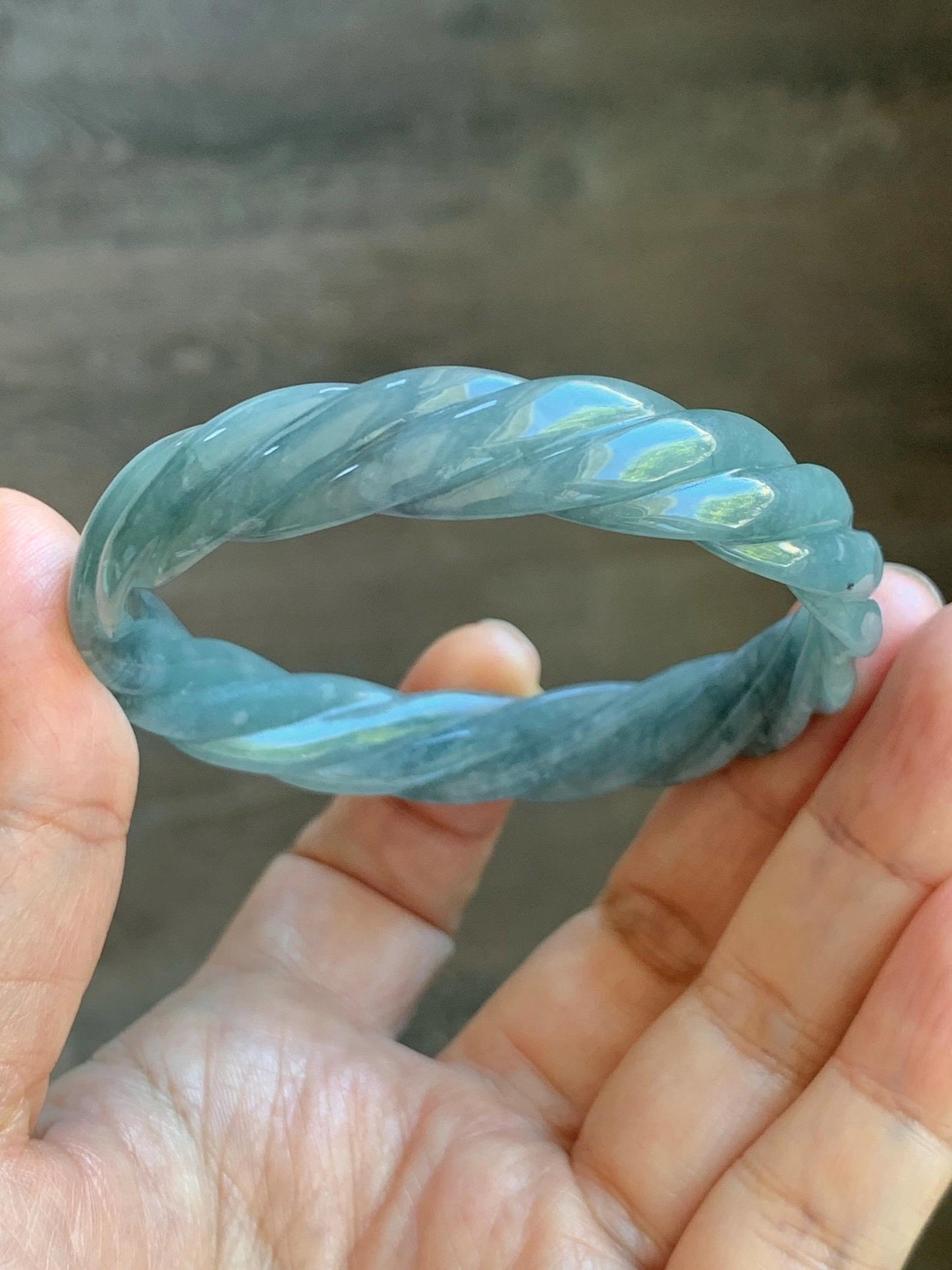 Certified Natural Grade A Guatemalan Icy Translucent Dark Dusty Blue Jade Jadeite Carved Braid Bangle 54.69mm 6.76” 26g 天然冰危暗蓝翡翠麻花手镯 472
