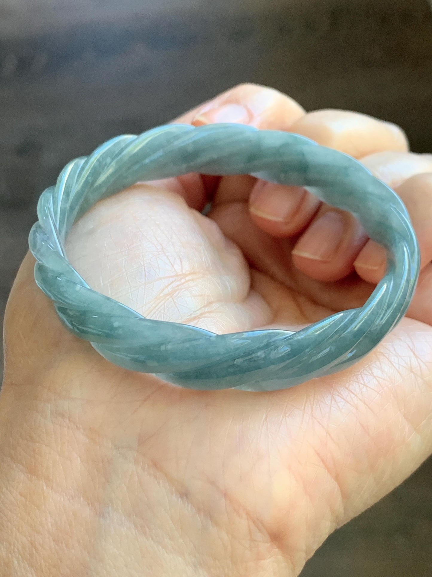 Certified Natural Grade A Guatemalan Icy Translucent Dark Dusty Blue Jade Jadeite Carved Braid Bangle 54.69mm 6.76” 26g 天然冰危暗蓝翡翠麻花手镯 472