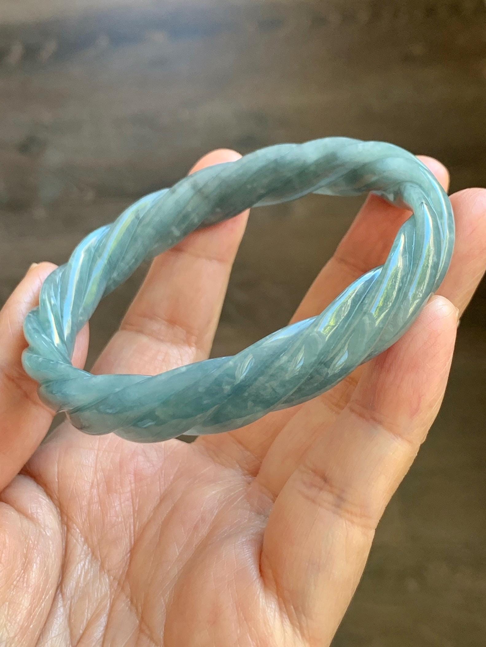 Certified Natural Grade A Guatemalan Icy Translucent Grayish Blue Jade Jadeite Carved Braid Bangle 62.2mm 7.69” 39g 天然冰危淡灰蓝翡翠麻花手镯 491