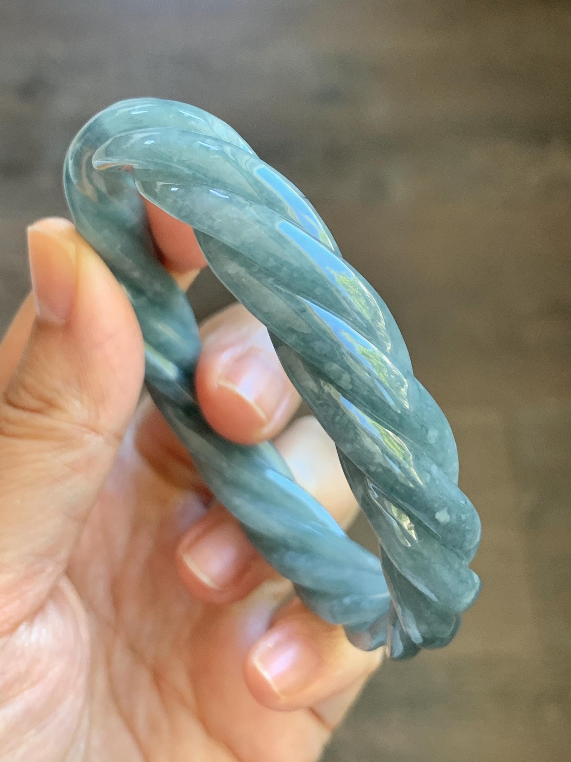 Certified Natural Grade A Guatemalan Icy Translucent Grayish Blue Jade Jadeite Carved Braid Bangle 62.2mm 7.69” 39g 天然冰危淡灰蓝翡翠麻花手镯 491