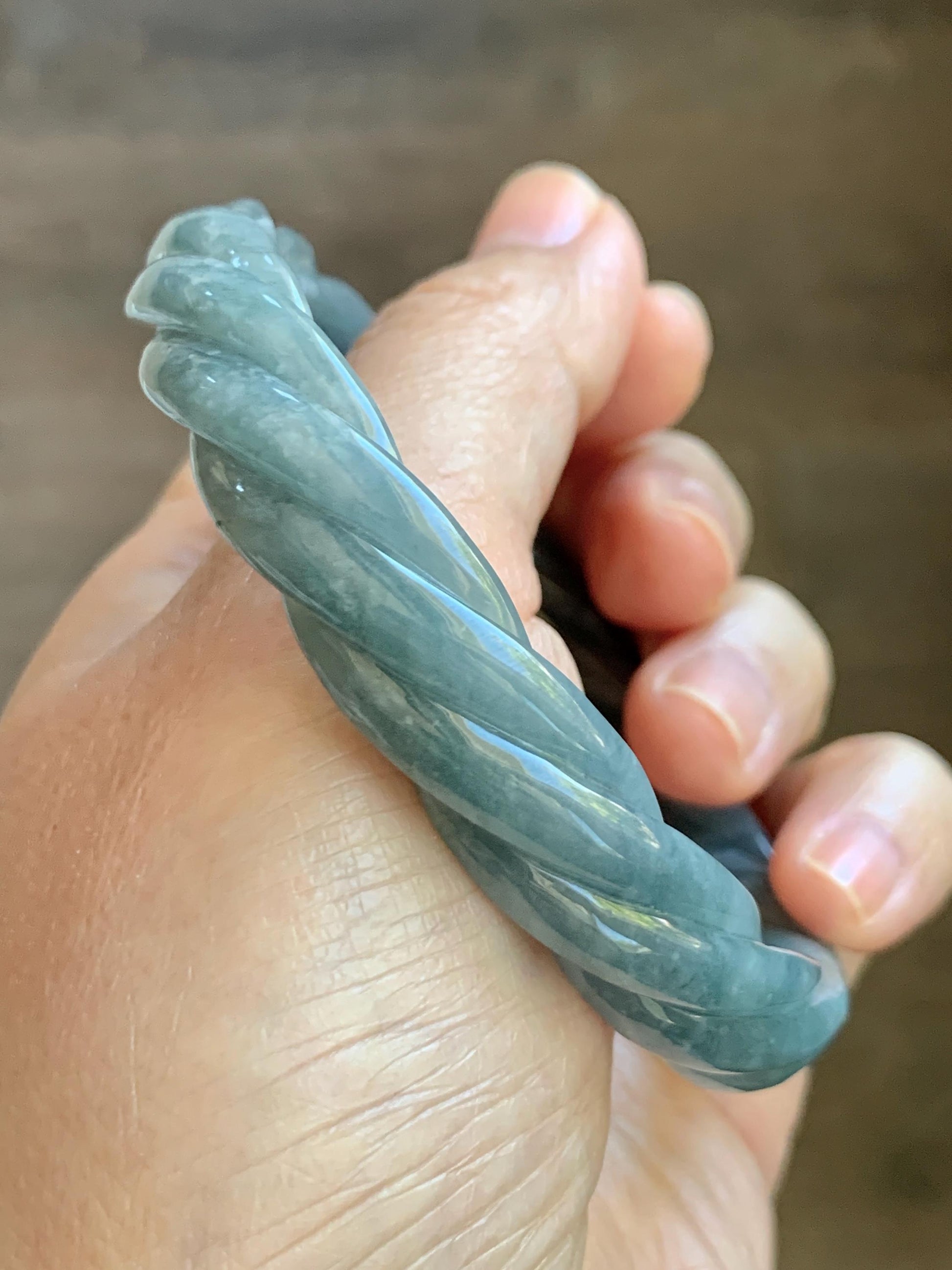 Certified Natural Grade A Guatemalan Icy Translucent Grayish Blue Jade Jadeite Carved Braid Bangle 62.2mm 7.69” 39g 天然冰危淡灰蓝翡翠麻花手镯 491