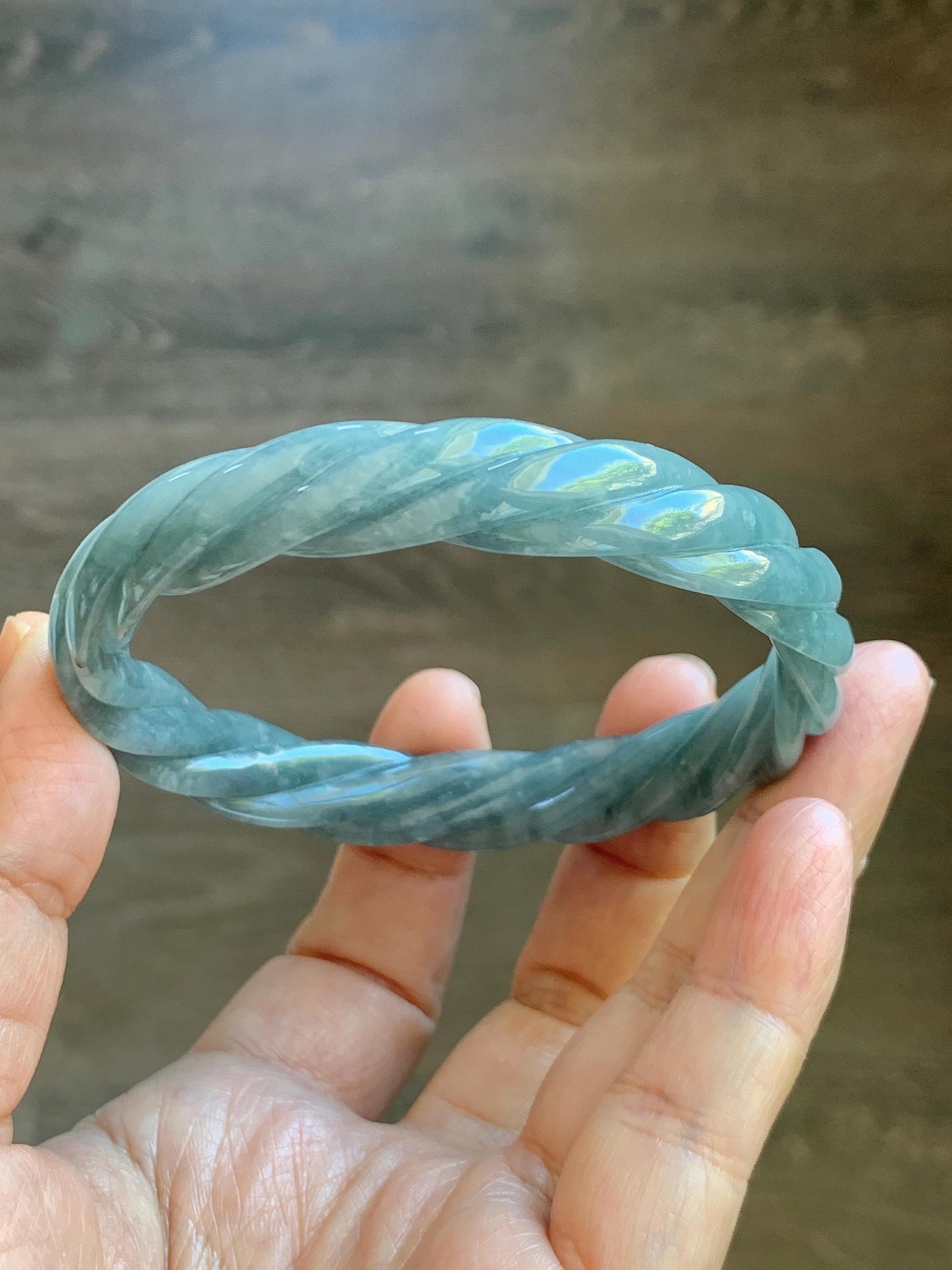 Certified Natural Grade A Guatemalan Icy Translucent Grayish Blue Jade Jadeite Carved Braid Bangle 62.2mm 7.69” 39g 天然冰危淡灰蓝翡翠麻花手镯 491