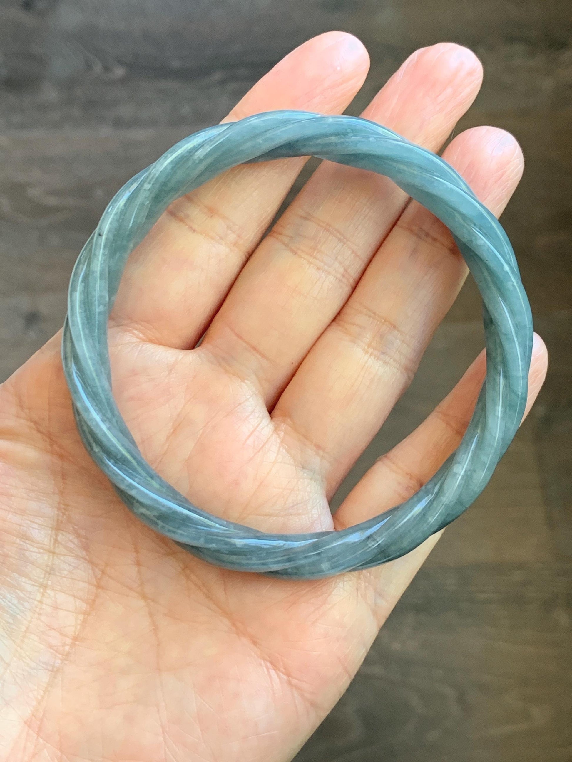 Certified Natural Grade A Guatemalan Icy Translucent Grayish Blue Jade Jadeite Carved Braid Bangle 62.2mm 7.69” 39g 天然冰危淡灰蓝翡翠麻花手镯 491