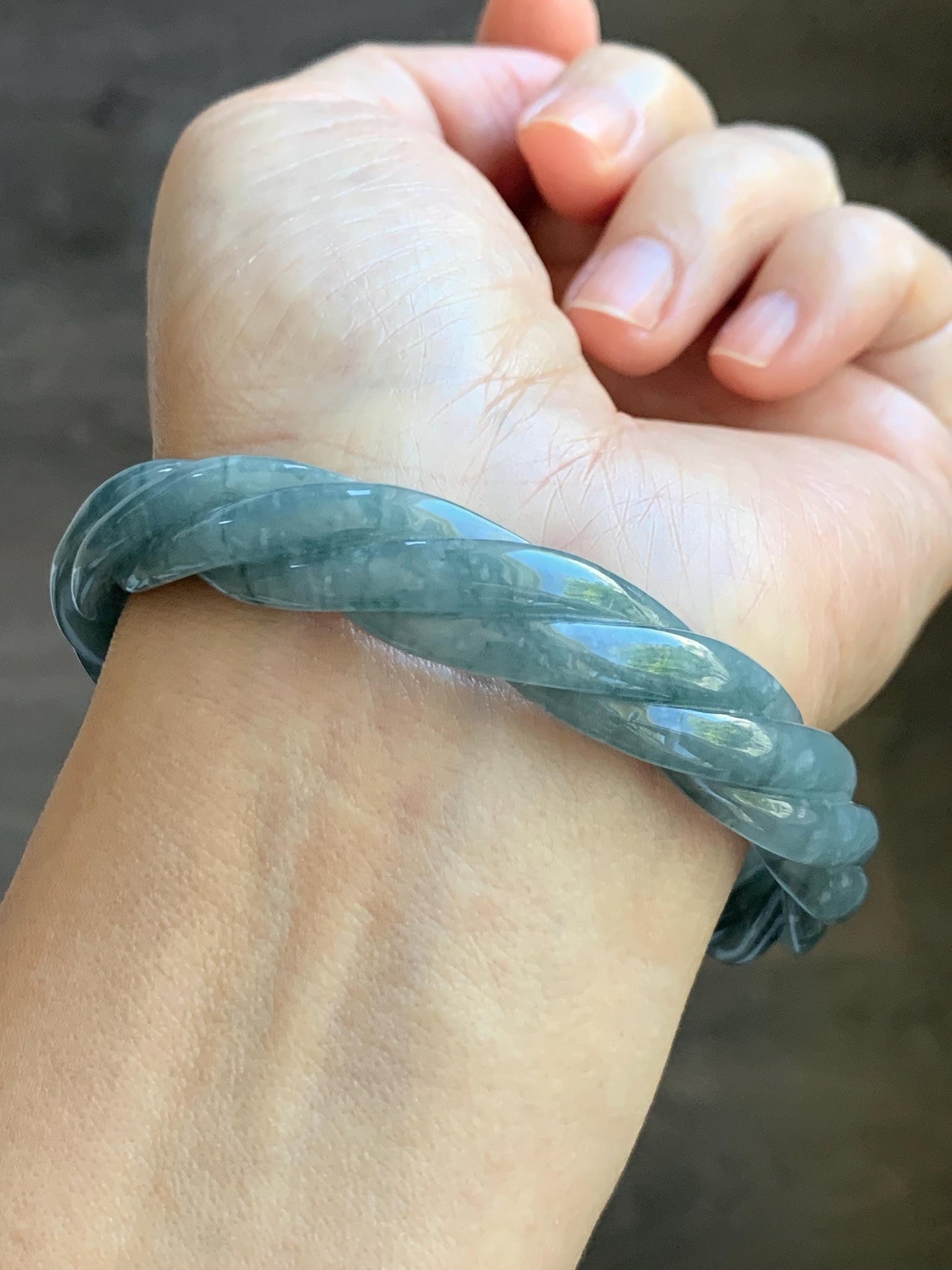 Certified Natural Grade A Guatemalan Icy Translucent Grayish Blue Jade Jadeite Carved Braid Bangle 62.2mm 7.69” 39g 天然冰危淡灰蓝翡翠麻花手镯 491
