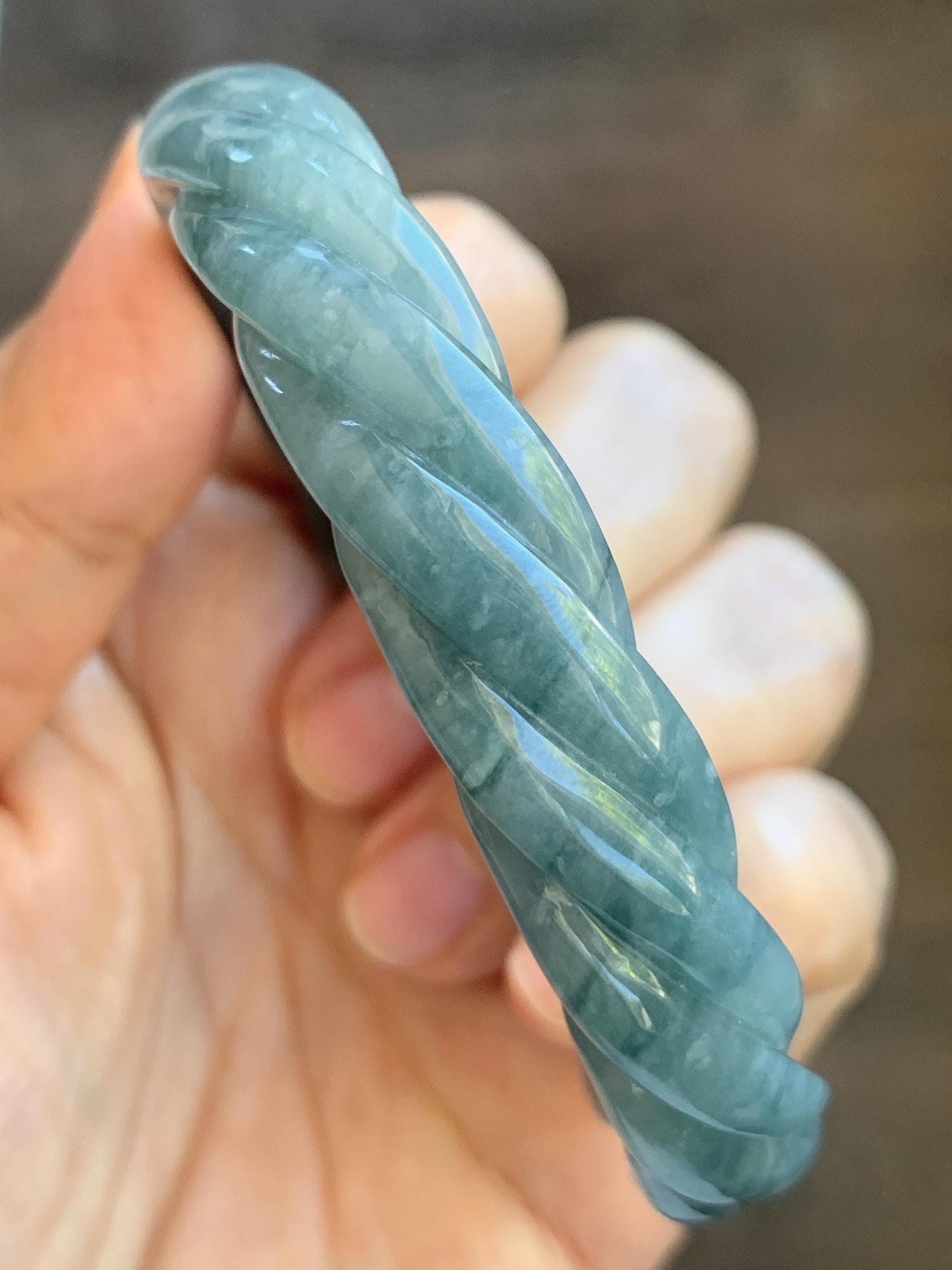 Certified Natural Grade A Guatemalan Icy Translucent Grayish Blue Jade Jadeite Carved Braid Bangle 62.2mm 7.69” 39g 天然冰危淡灰蓝翡翠麻花手镯 491