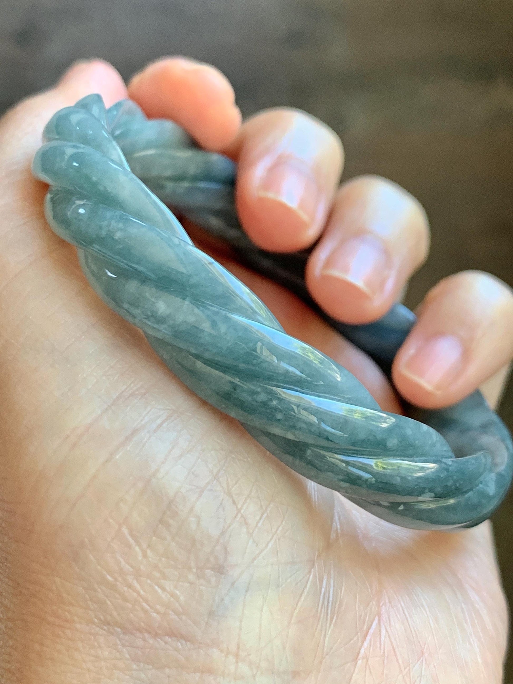 Certified Natural Grade A Guatemalan Icy Translucent Grayish Blue Jade Jadeite Carved Braid Bangle 62.2mm 7.69” 39g 天然冰危淡灰蓝翡翠麻花手镯 491