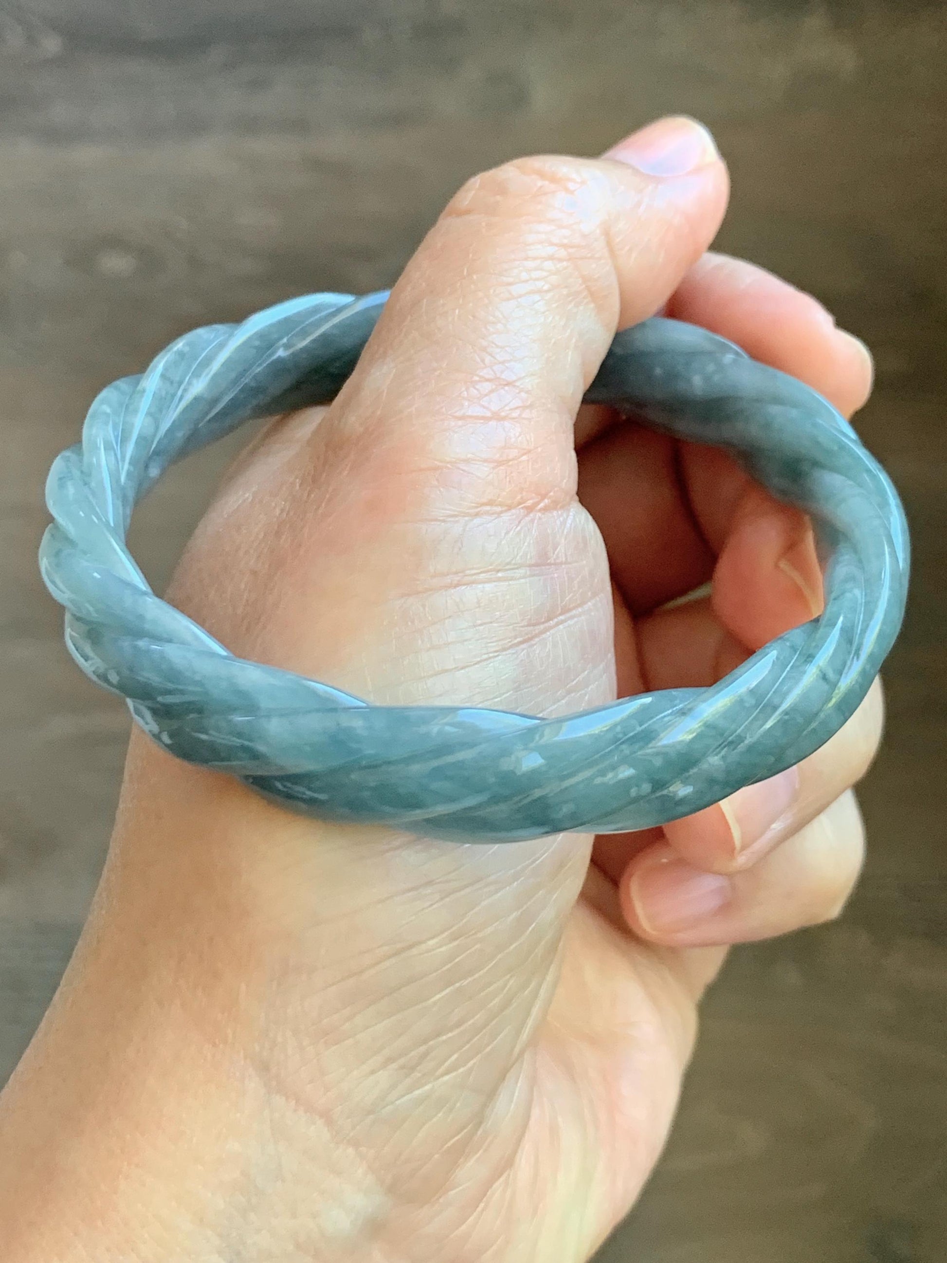 Certified Natural Grade A Guatemalan Icy Translucent Grayish Blue Jade Jadeite Carved Braid Bangle 62.2mm 7.69” 39g 天然冰危淡灰蓝翡翠麻花手镯 491