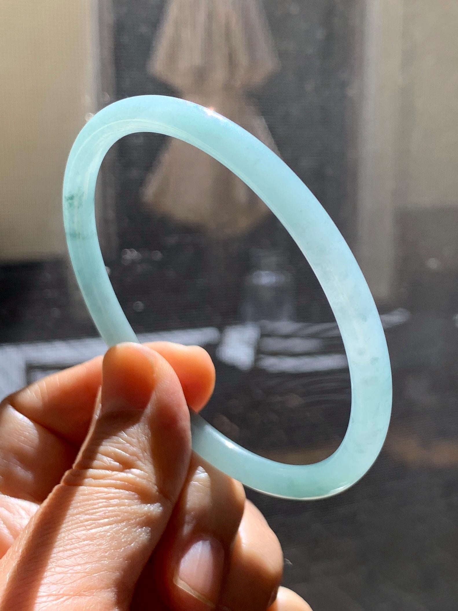 Certified Natural Grade A Guatemalan Icy Translucent Light Dusty Blue Jade Jadeite Slim Bangle 60mm 7.42" 16g 天然冰危浅蓝翡翠细圆条手镯 508