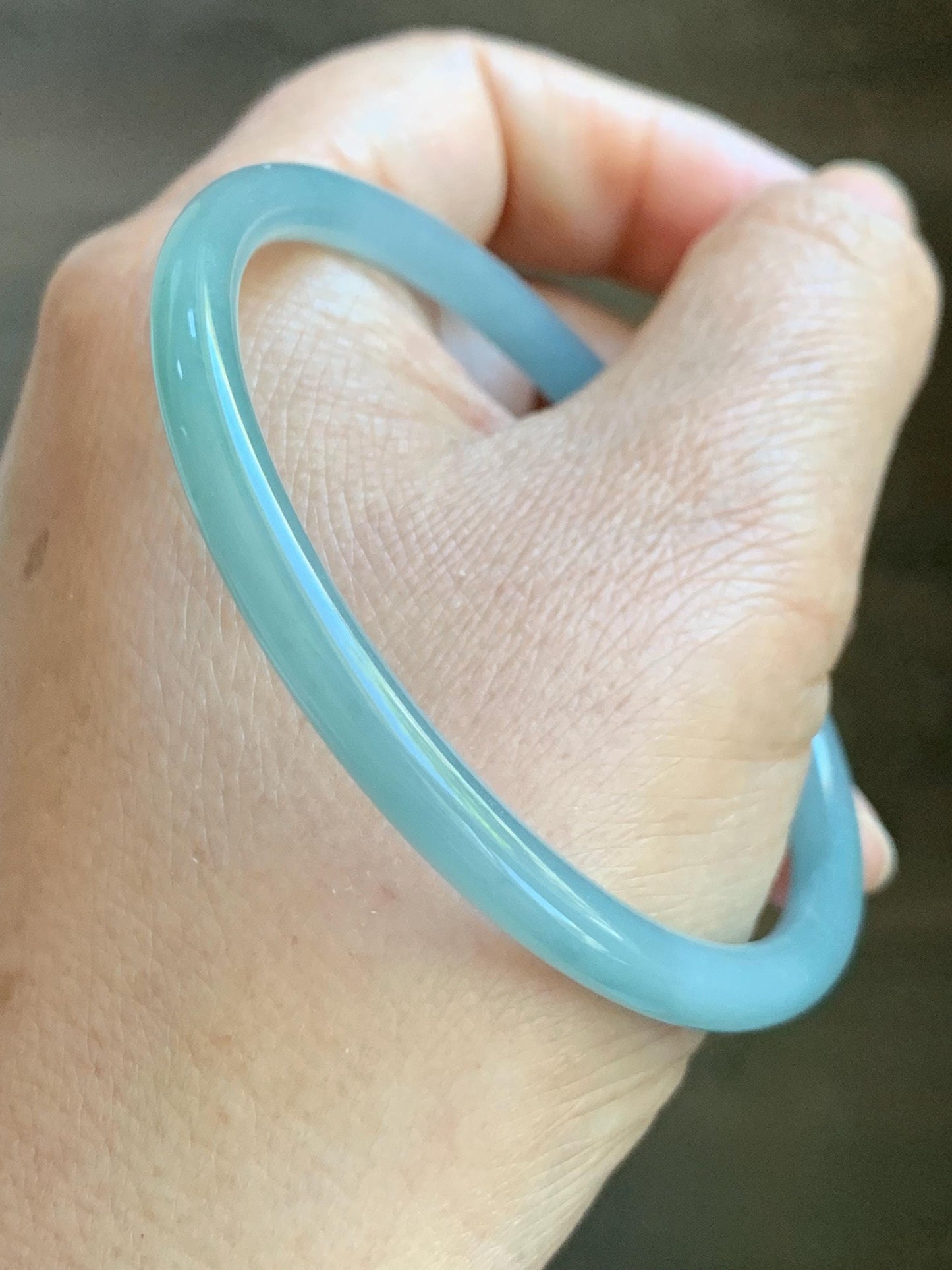 Certified Natural Grade A Guatemalan Icy Translucent Light Dusty Blue Jade Jadeite Slim Bangle 60mm 7.42" 16g 天然冰危浅蓝翡翠细圆条手镯 508