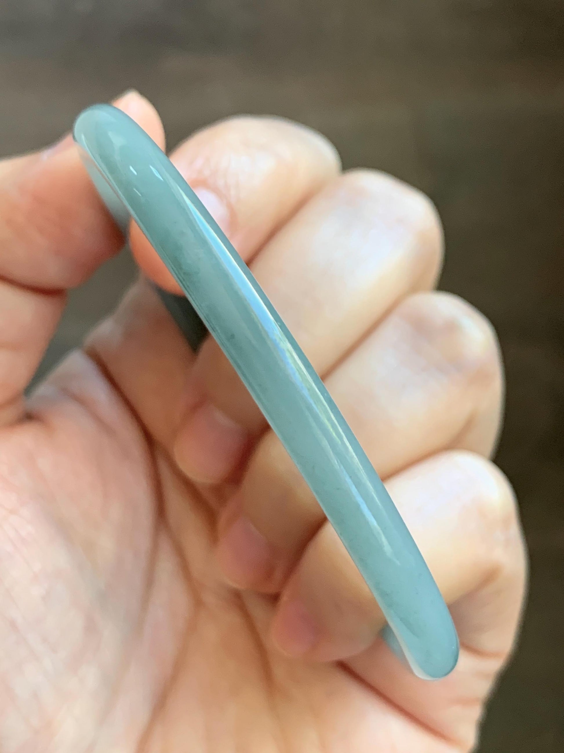 Certified Natural Grade A Guatemalan Icy Translucent Light Dusty Blue Jade Jadeite Slim Bangle 60mm 7.42" 16g 天然冰危浅蓝翡翠细圆条手镯 508