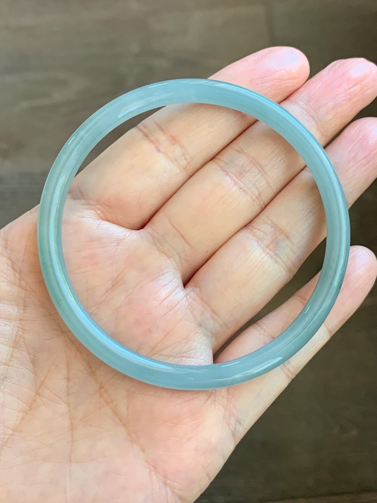 Certified Natural Grade A Guatemalan Icy Translucent Light Dusty Blue Jade Jadeite Slim Bangle 60mm 7.42" 16g 天然冰危浅蓝翡翠细圆条手镯 508
