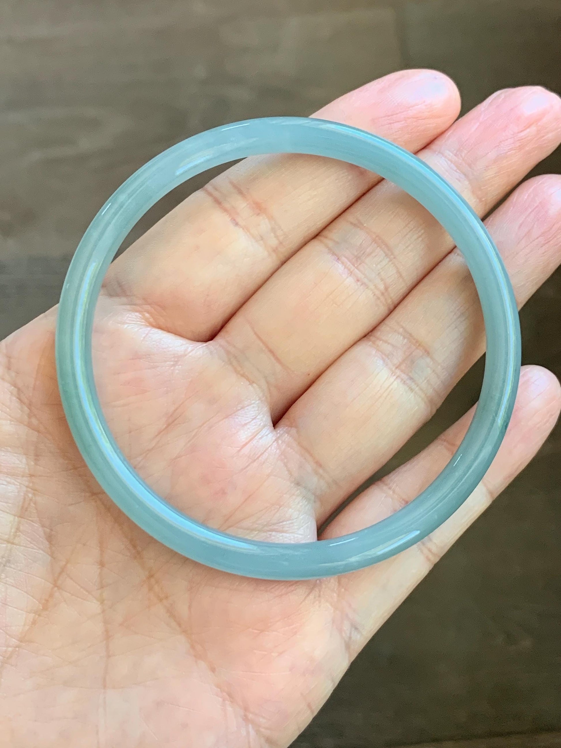 Certified Natural Grade A Guatemalan Icy Translucent Light Dusty Blue Jade Jadeite Slim Bangle 60mm 7.42" 16g 天然冰危浅蓝翡翠细圆条手镯 508