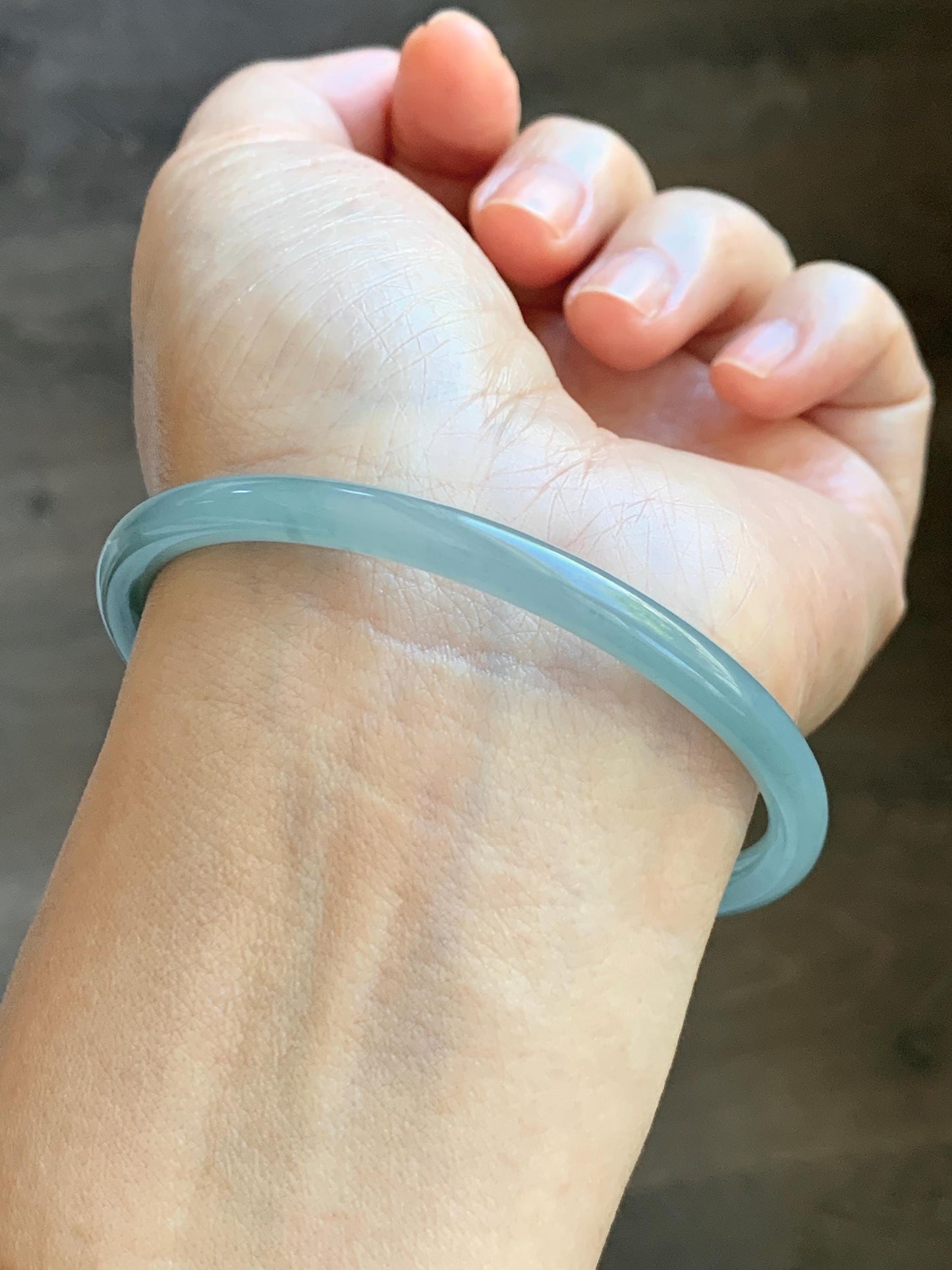 Certified Natural Grade A Guatemalan Icy Translucent Light Dusty Blue Jade Jadeite Slim Bangle 60mm 7.42" 16g 天然冰危浅蓝翡翠细圆条手镯 508