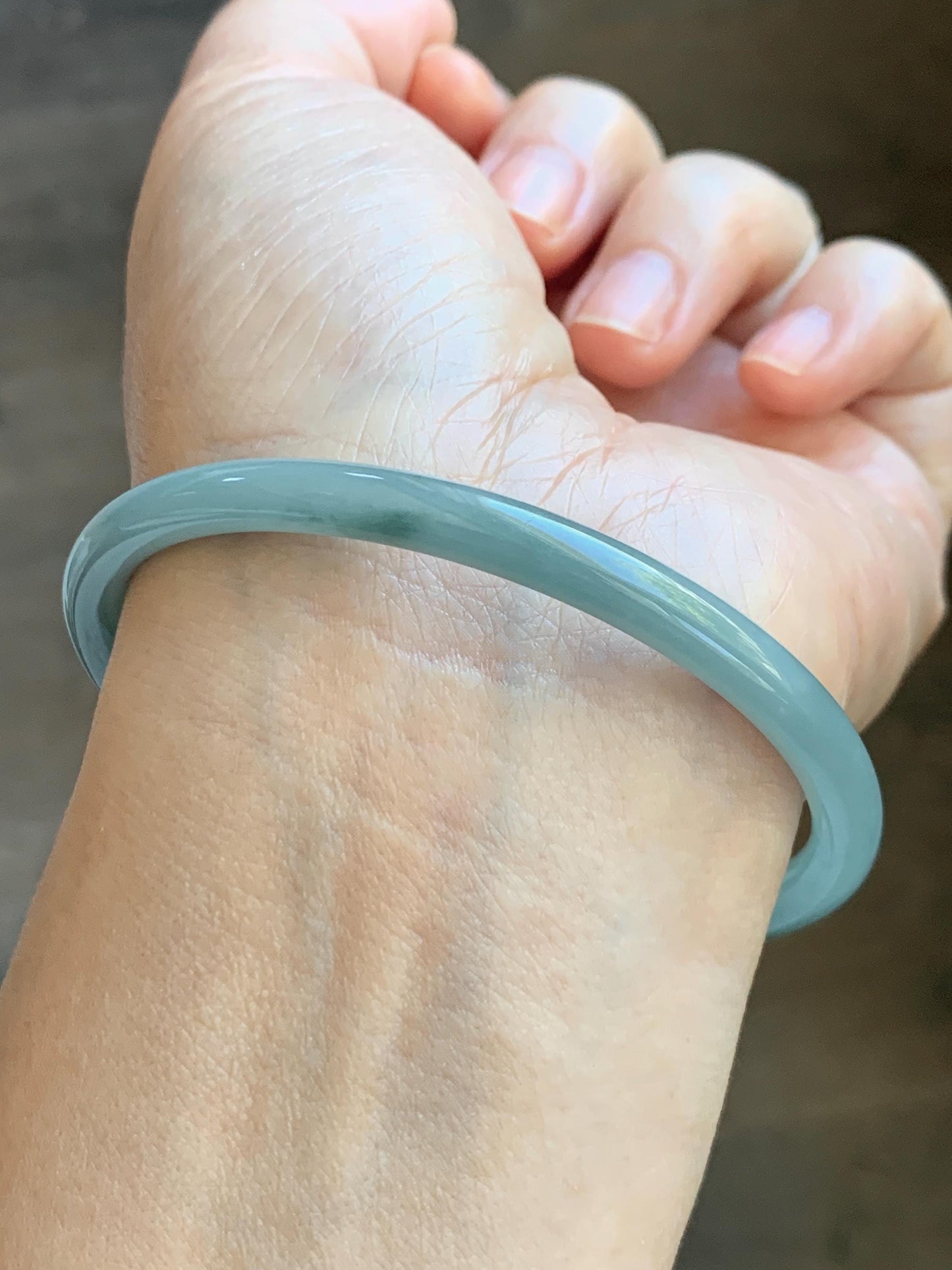 Certified Natural Grade A Guatemalan Icy Translucent Light Dusty Blue Jade Jadeite Slim Bangle 60mm 7.42" 16g 天然冰危浅蓝翡翠细圆条手镯 508
