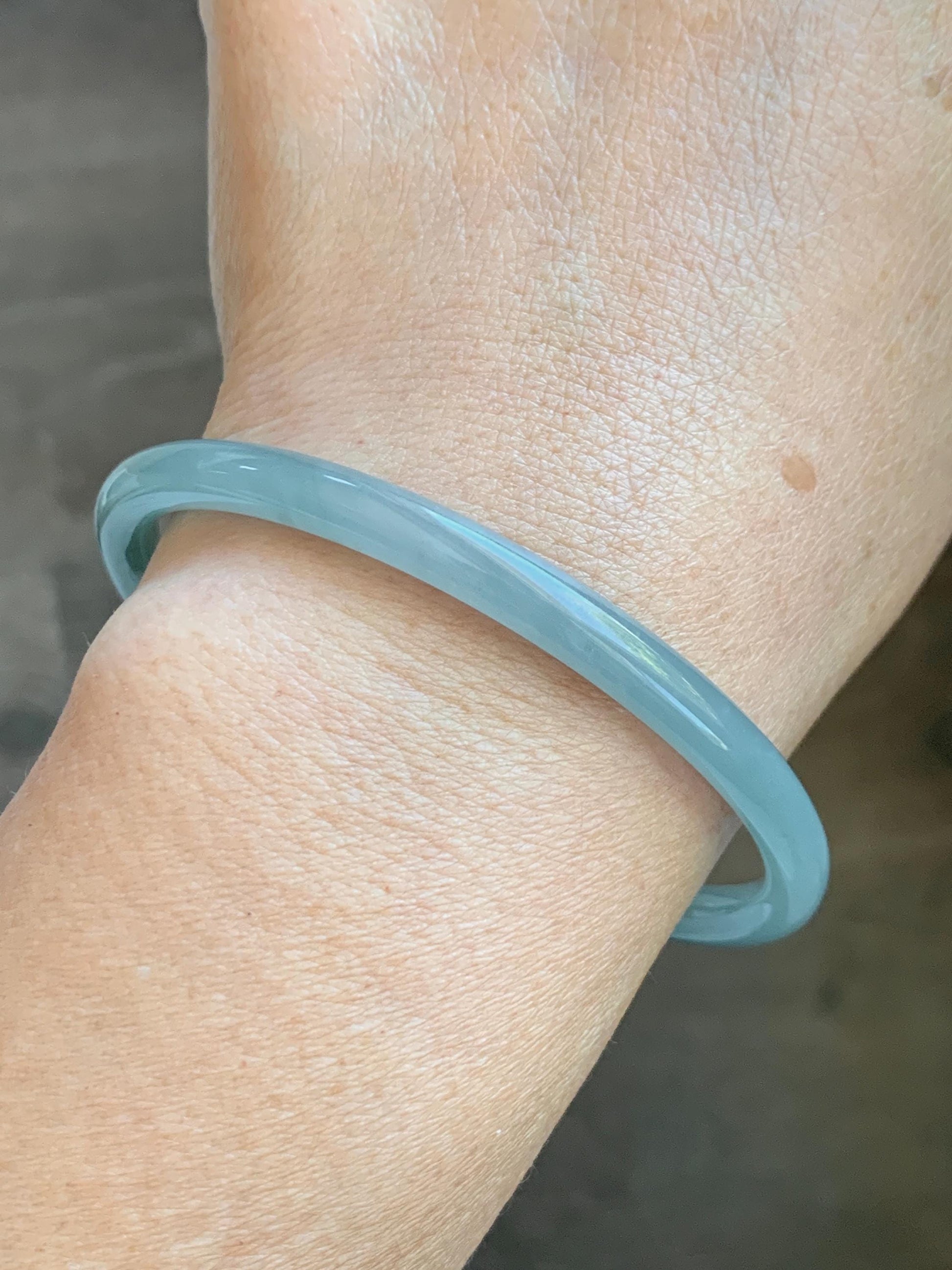Certified Natural Grade A Guatemalan Icy Translucent Light Dusty Blue Jade Jadeite Slim Bangle 60mm 7.42" 16g 天然冰危浅蓝翡翠细圆条手镯 508