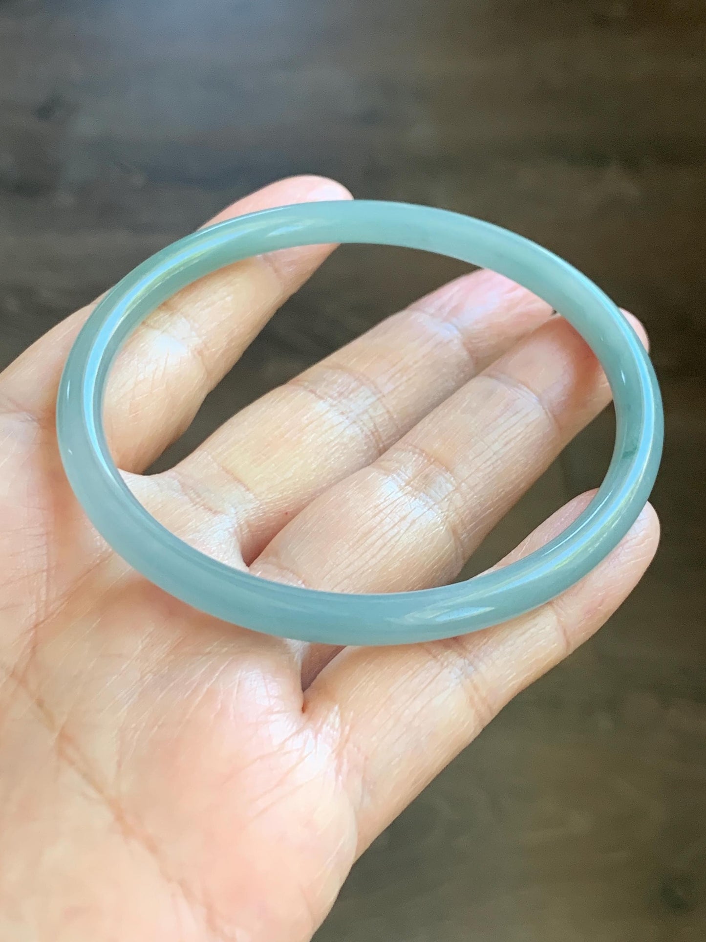 Certified Natural Grade A Guatemalan Icy Translucent Light Dusty Blue Jade Jadeite Slim Bangle 60mm 7.42" 16g 天然冰危浅蓝翡翠细圆条手镯 508