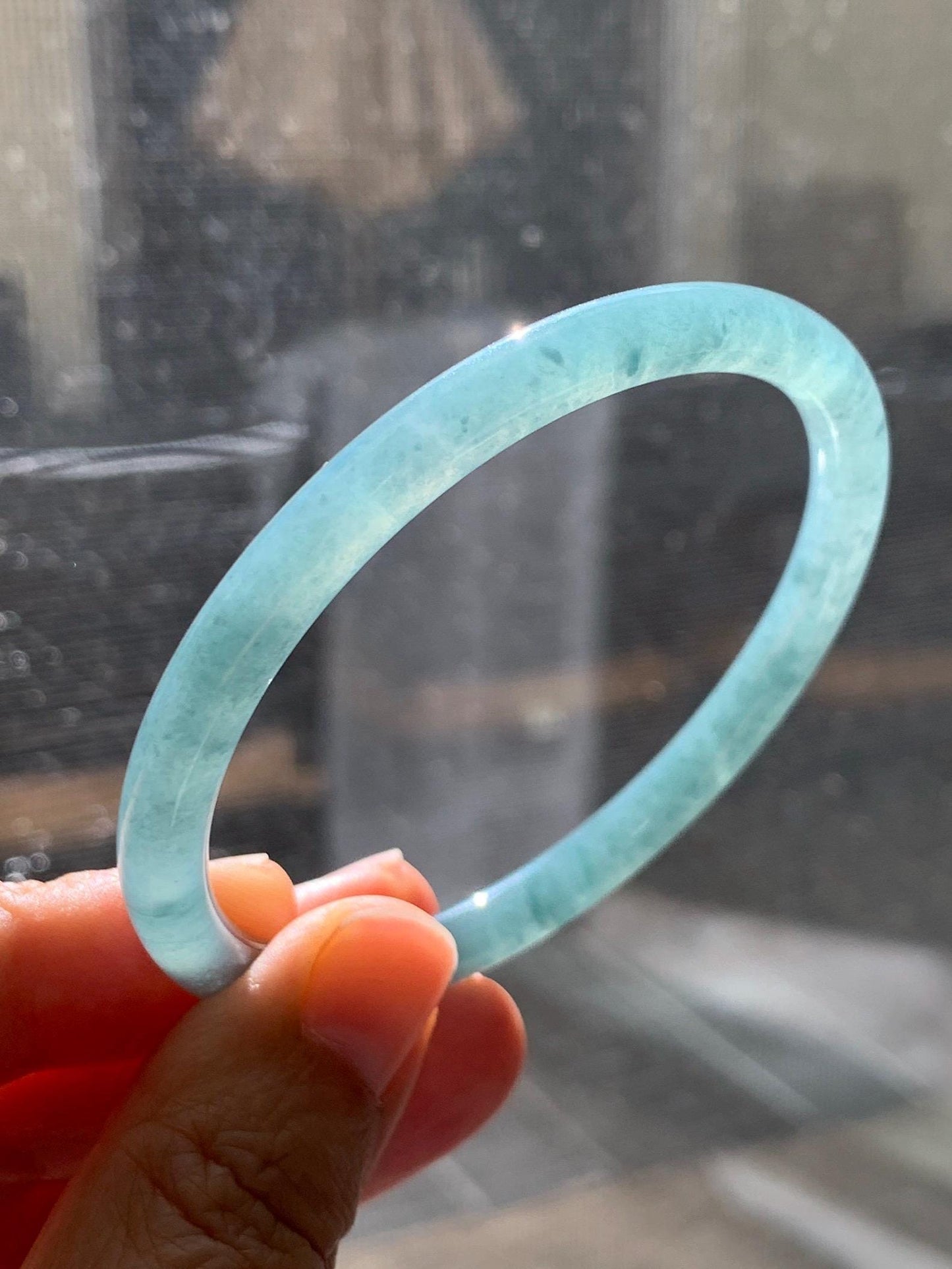 Certified Natural Grade A Guatemalan Icy Translucent Dusty Teal Blue Jade Jadeite Slim Bangle 56.33mm 6.96” 18.45g 天然冰胶危蓝绿翡翠细圆条手镯 507
