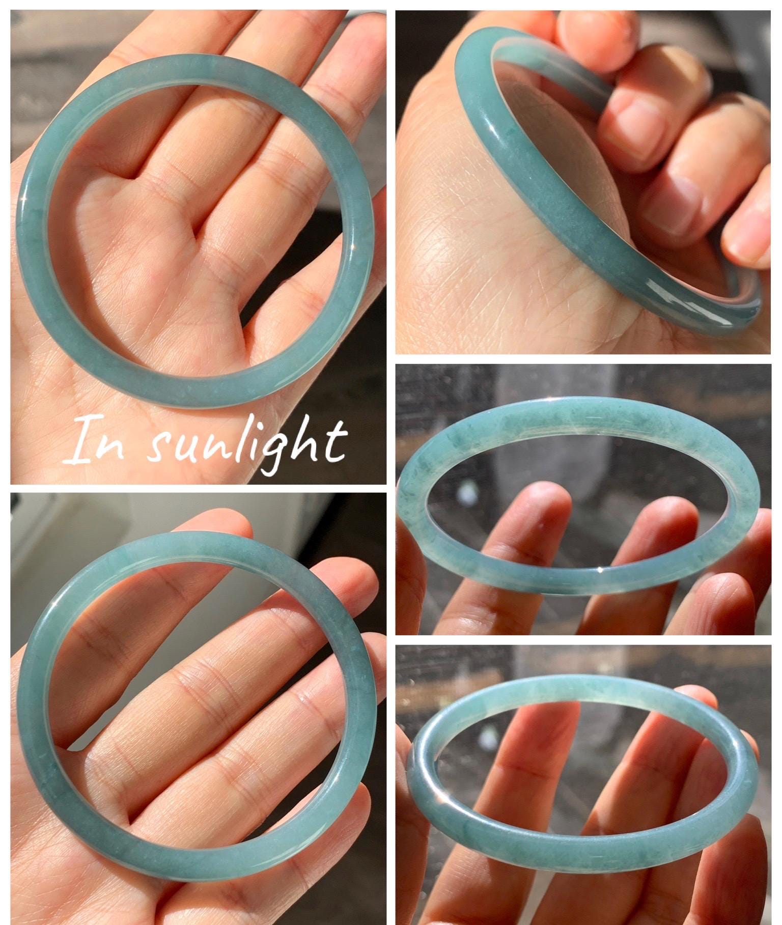 Certified Natural Grade A Guatemalan Icy Translucent Dusty Teal Blue Jade Jadeite Slim Bangle 56.33mm 6.96” 18.45g 天然冰胶危蓝绿翡翠细圆条手镯 507