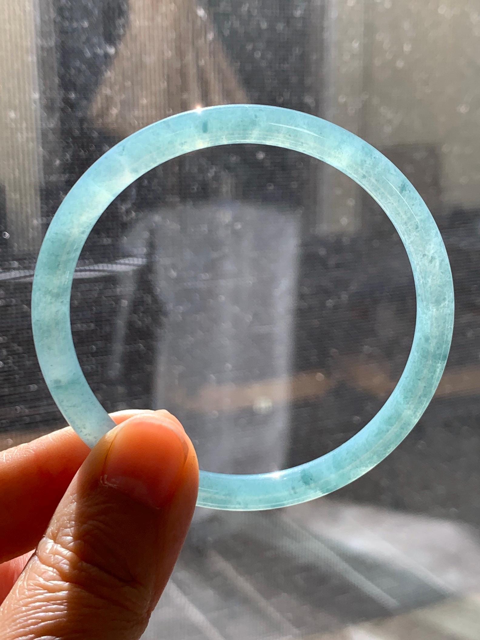 Certified Natural Grade A Guatemalan Icy Translucent Dusty Teal Blue Jade Jadeite Slim Bangle 56.33mm 6.96” 18.45g 天然冰胶危蓝绿翡翠细圆条手镯 507
