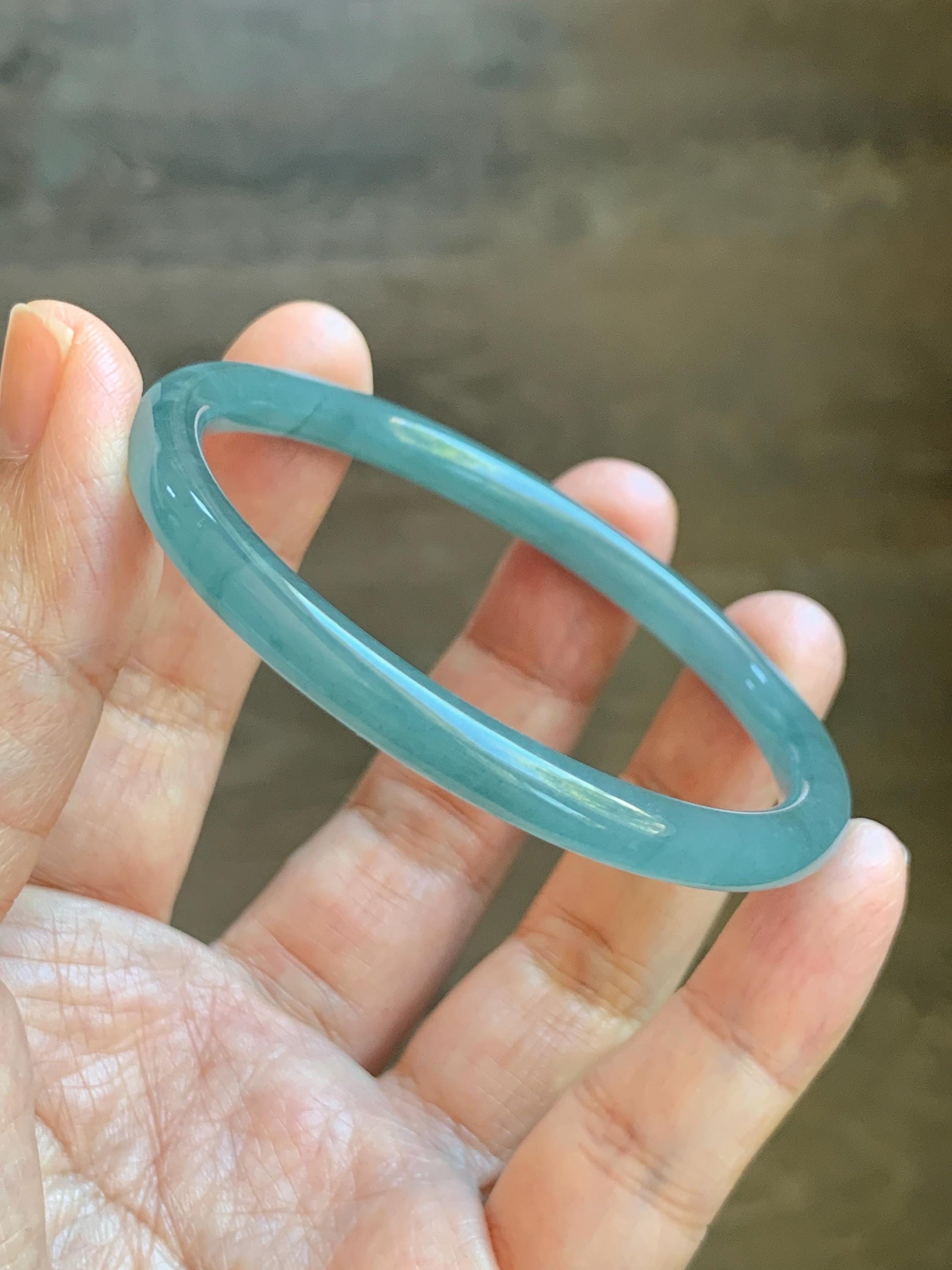 Certified Natural Grade A Guatemalan Icy Translucent Dusty Teal Blue Jade Jadeite Slim Bangle 56.33mm 6.96” 18.45g 天然冰胶危蓝绿翡翠细圆条手镯 507