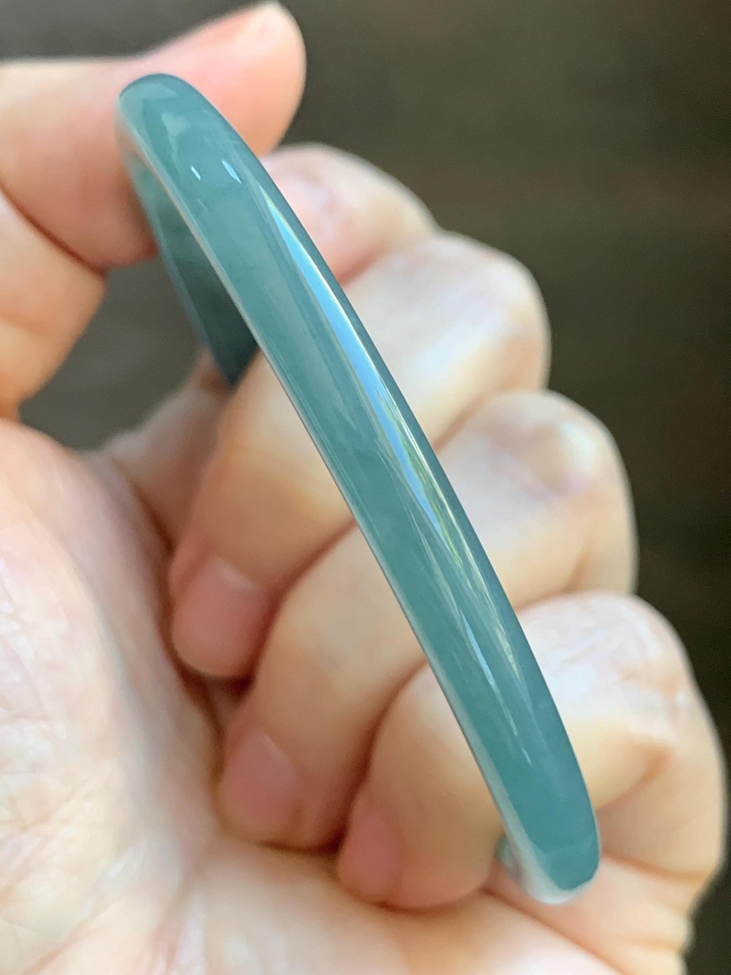 Certified Natural Grade A Guatemalan Icy Translucent Dusty Teal Blue Jade Jadeite Slim Bangle 56.33mm 6.96” 18.45g 天然冰胶危蓝绿翡翠细圆条手镯 507