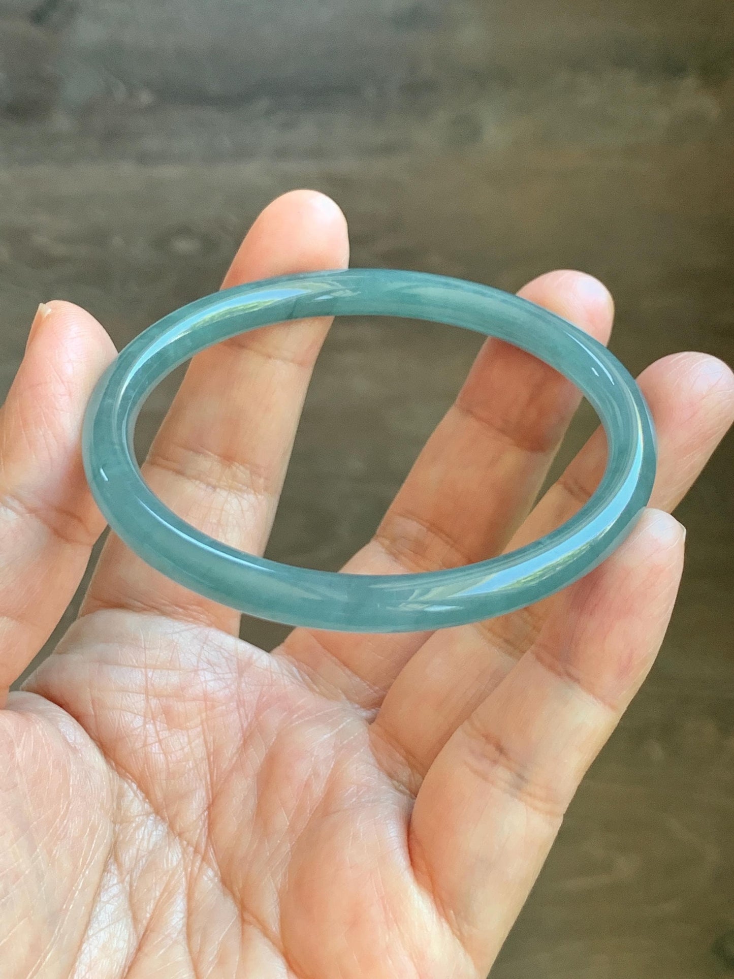 Certified Natural Grade A Guatemalan Icy Translucent Dusty Teal Blue Jade Jadeite Slim Bangle 56.33mm 6.96” 18.45g 天然冰胶危蓝绿翡翠细圆条手镯 507