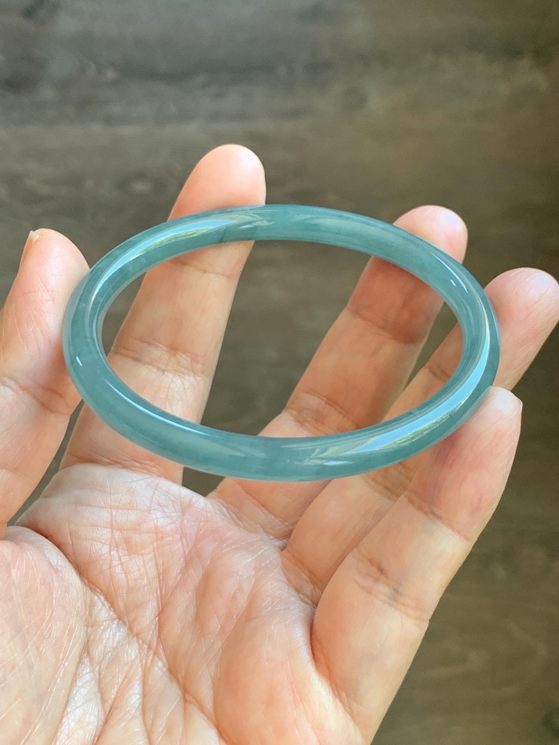 Certified Natural Grade A Guatemalan Icy Translucent Dusty Teal Blue Jade Jadeite Slim Bangle 56.33mm 6.96” 18.45g 天然冰胶危蓝绿翡翠细圆条手镯 507