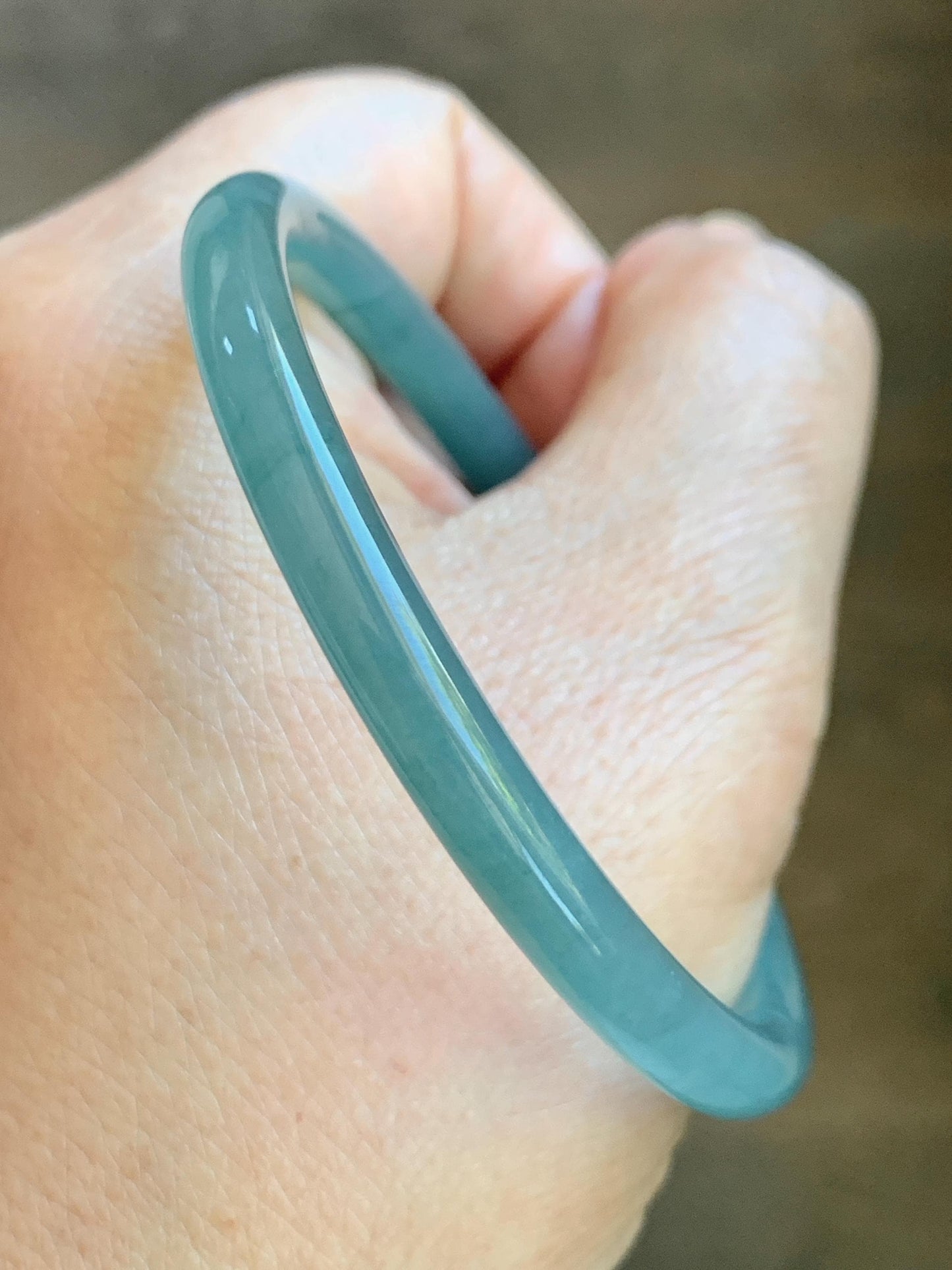 Certified Natural Grade A Guatemalan Icy Translucent Dusty Teal Blue Jade Jadeite Slim Bangle 56.33mm 6.96” 18.45g 天然冰胶危蓝绿翡翠细圆条手镯 507