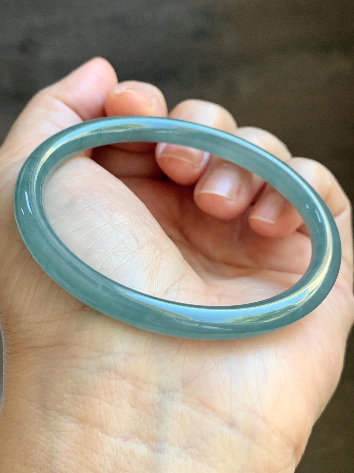 Certified Natural Grade A Guatemalan Icy Translucent Dusty Teal Blue Jade Jadeite Slim Bangle 56.33mm 6.96” 18.45g 天然冰胶危蓝绿翡翠细圆条手镯 507