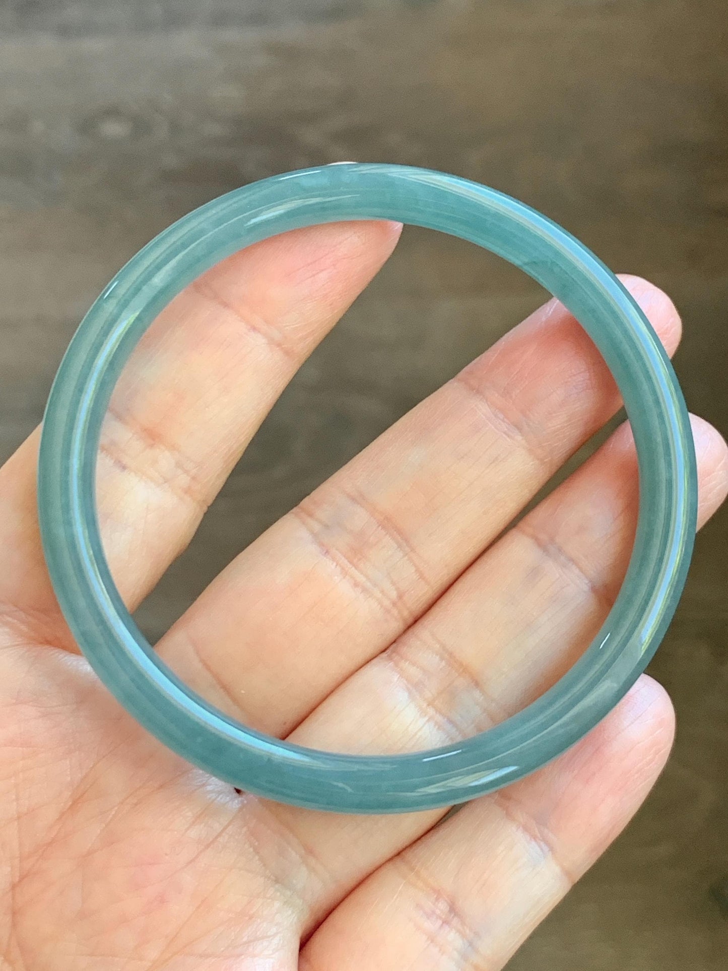 Certified Natural Grade A Guatemalan Icy Translucent Dusty Teal Blue Jade Jadeite Slim Bangle 56.33mm 6.96” 18.45g 天然冰胶危蓝绿翡翠细圆条手镯 507