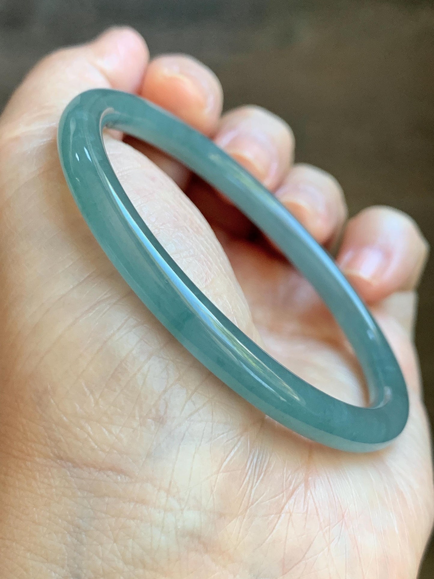 Certified Natural Grade A Guatemalan Icy Translucent Dusty Teal Blue Jade Jadeite Slim Bangle 56.33mm 6.96” 18.45g 天然冰胶危蓝绿翡翠细圆条手镯 507