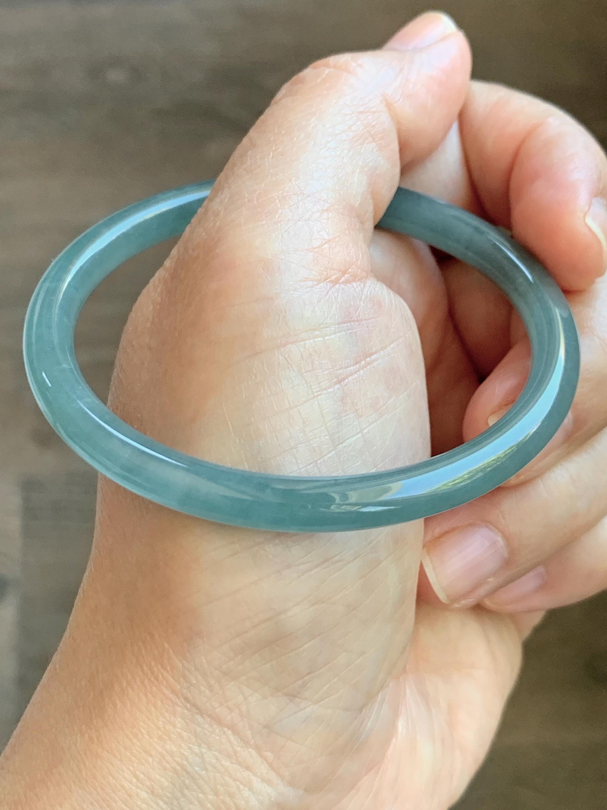 Certified Natural Grade A Guatemalan Icy Translucent Dusty Teal Blue Jade Jadeite Slim Bangle 56.33mm 6.96” 18.45g 天然冰胶危蓝绿翡翠细圆条手镯 507