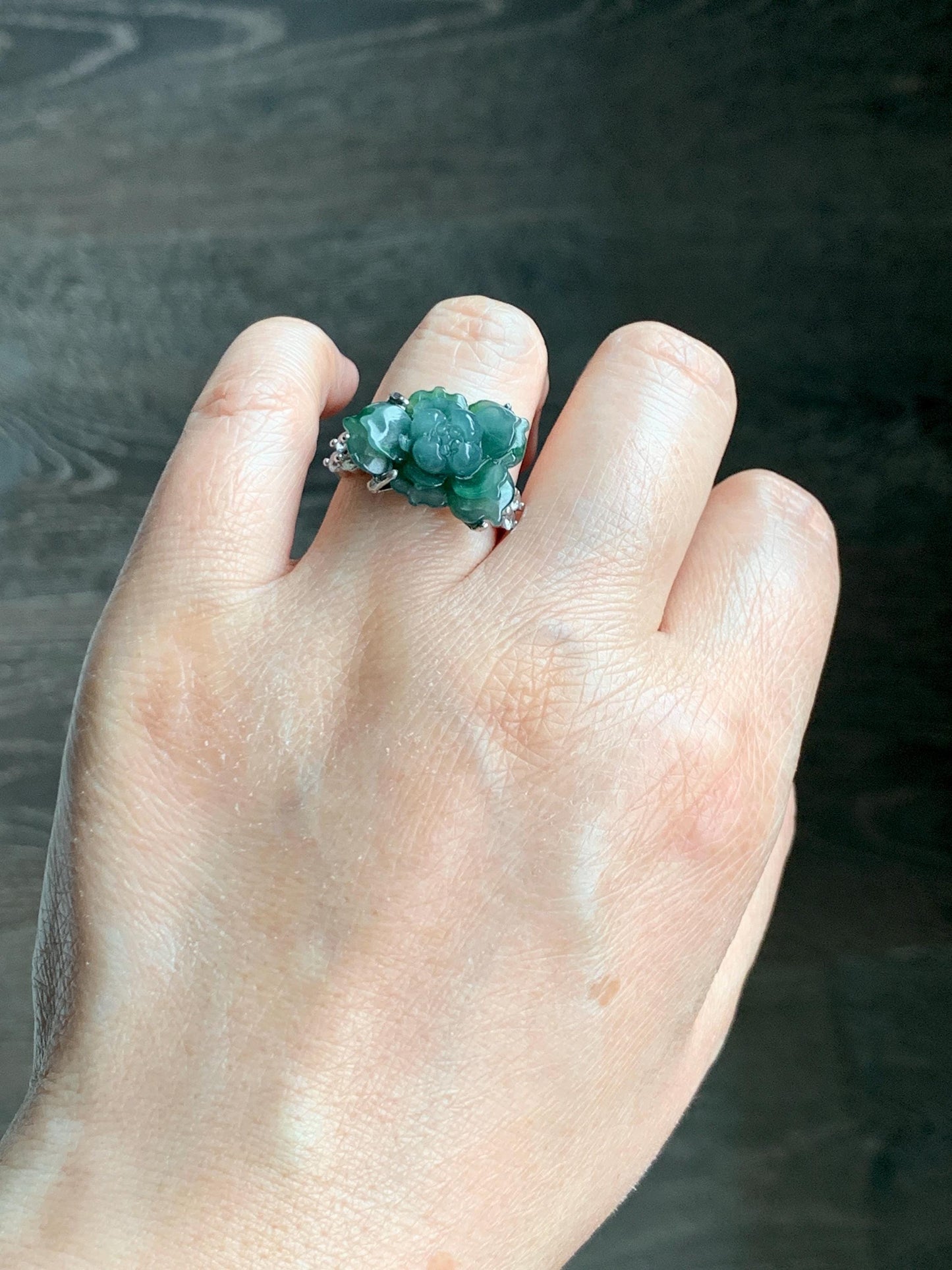 Natural Grade A Guatemalan Icy Blue & Green Bicolored Jade Jadeite Lotus Flower Ring Sterling Silver Size Adjustable 5g 天然冰危深蓝绿翡翠莲花戒指WLY150H