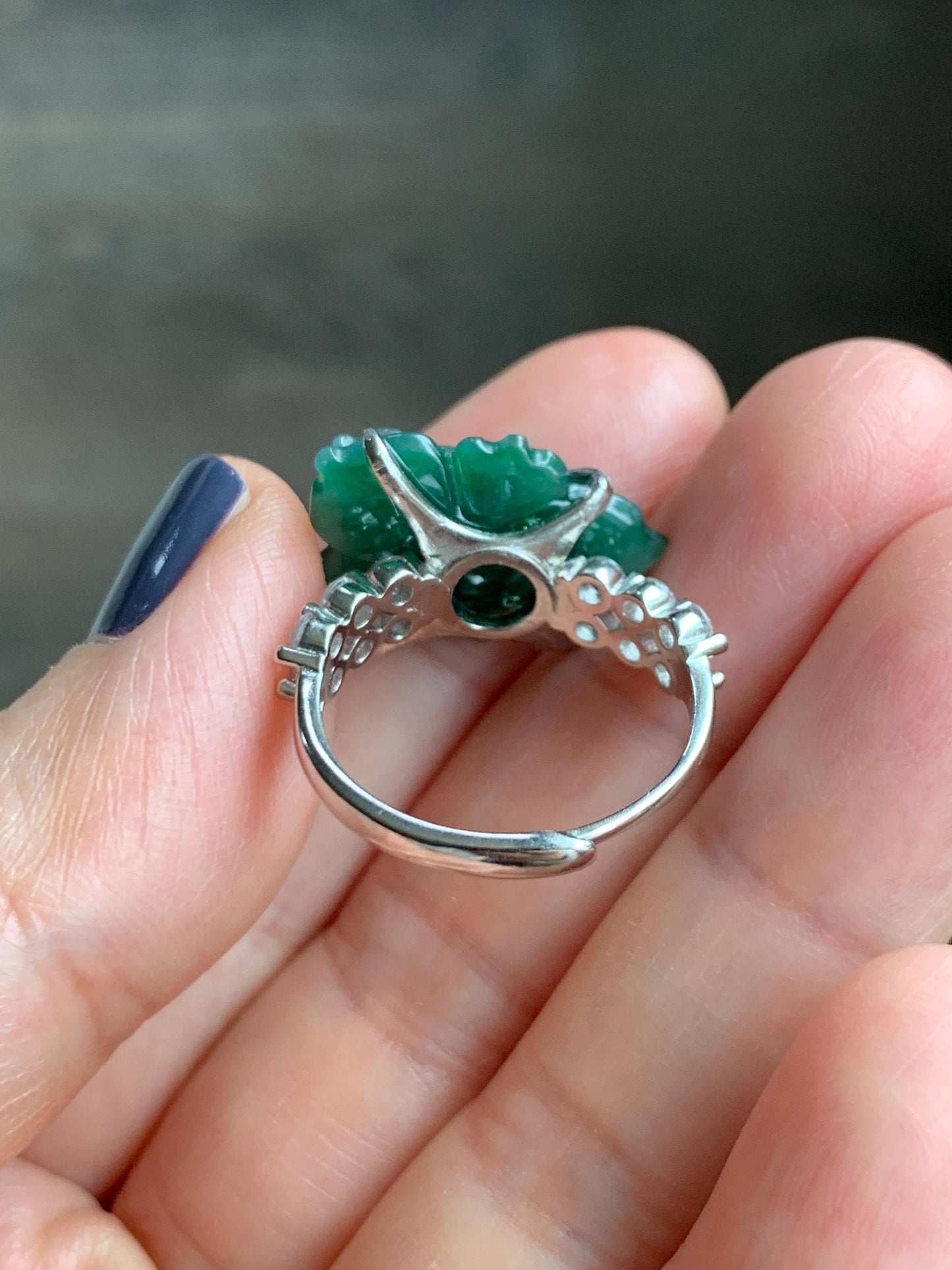 Natural Grade A Guatemalan Icy Blue & Green Bicolored Jade Jadeite Lotus Flower Ring Sterling Silver Size Adjustable 5g 天然冰危深蓝绿翡翠莲花戒指WLY150H