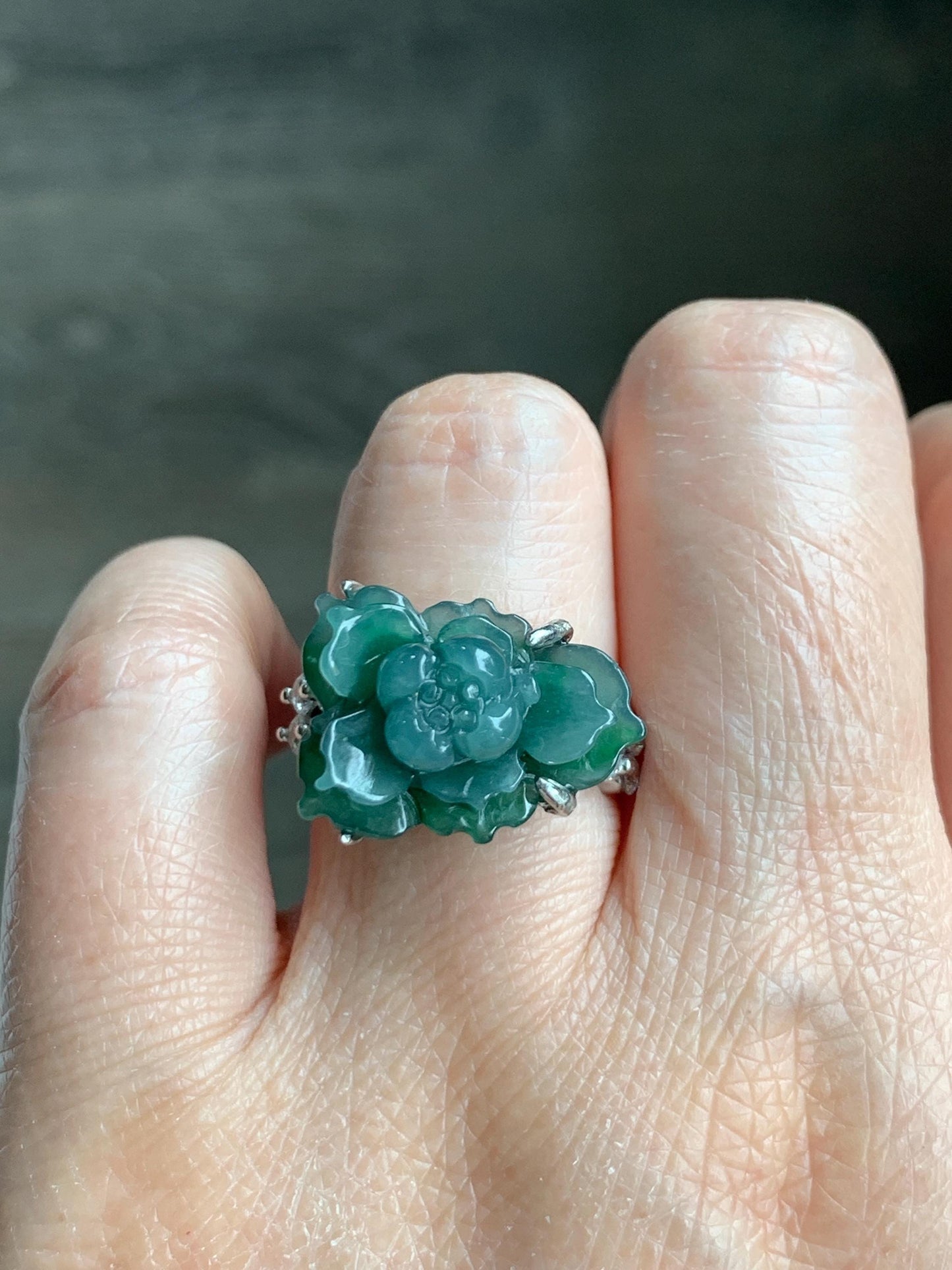 Natural Grade A Guatemalan Icy Blue & Green Bicolored Jade Jadeite Lotus Flower Ring Sterling Silver Size Adjustable 5g 天然冰危深蓝绿翡翠莲花戒指WLY150H