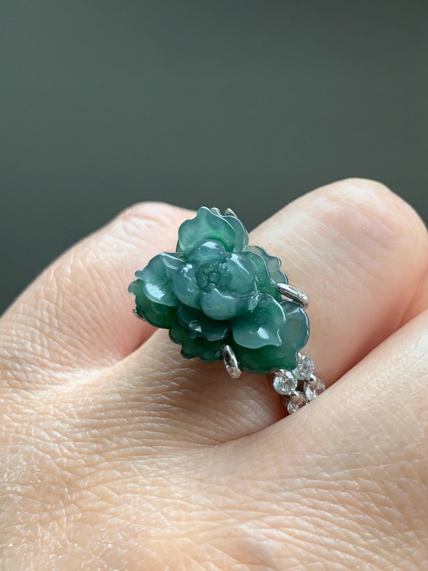 Natural Grade A Guatemalan Icy Blue & Green Bicolored Jade Jadeite Lotus Flower Ring Sterling Silver Size Adjustable 5g 天然冰危深蓝绿翡翠莲花戒指WLY150H