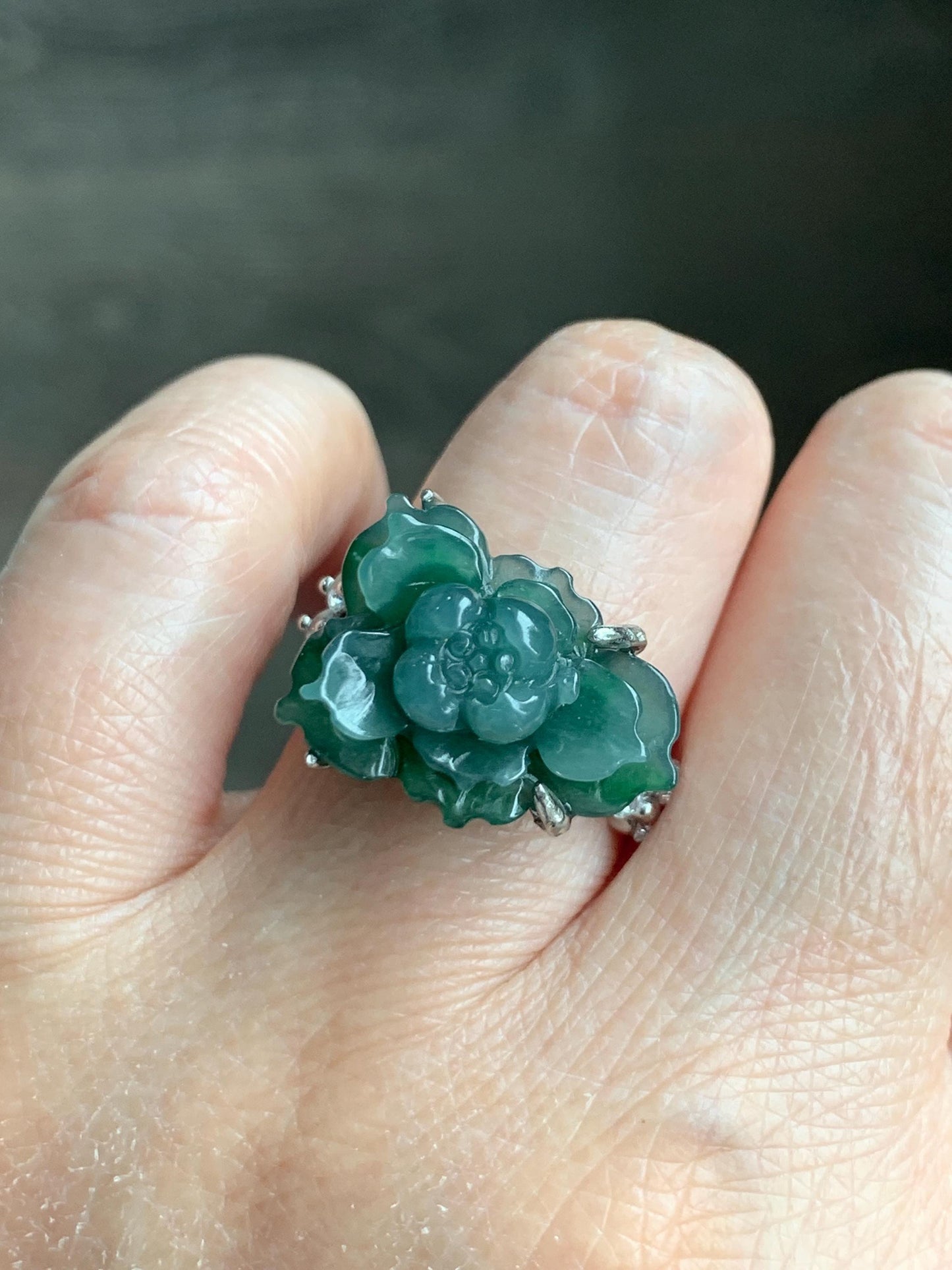 Natural Grade A Guatemalan Icy Blue & Green Bicolored Jade Jadeite Lotus Flower Ring Sterling Silver Size Adjustable 5g 天然冰危深蓝绿翡翠莲花戒指WLY150H