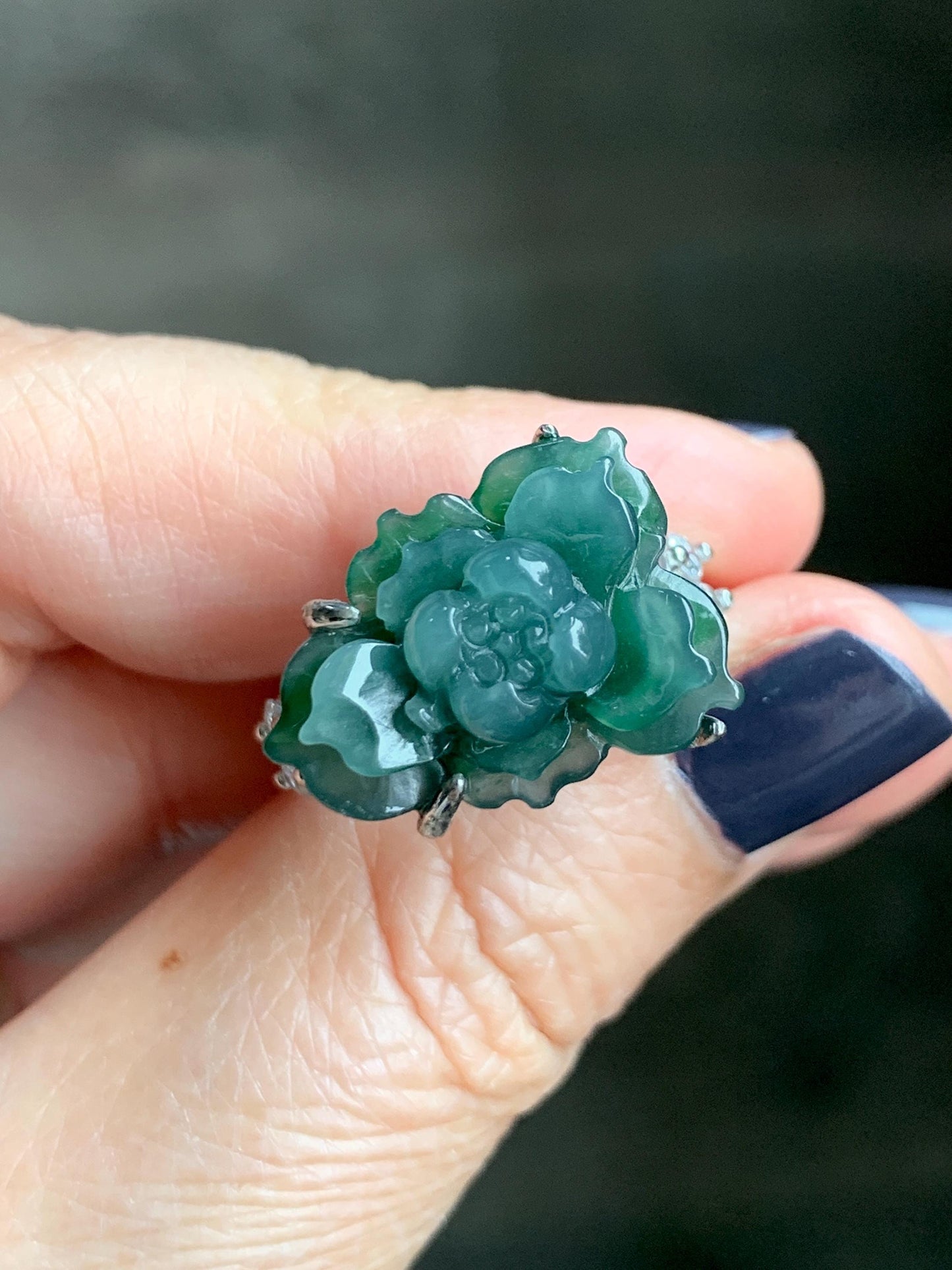 Natural Grade A Guatemalan Icy Blue & Green Bicolored Jade Jadeite Lotus Flower Ring Sterling Silver Size Adjustable 5g 天然冰危深蓝绿翡翠莲花戒指WLY150H