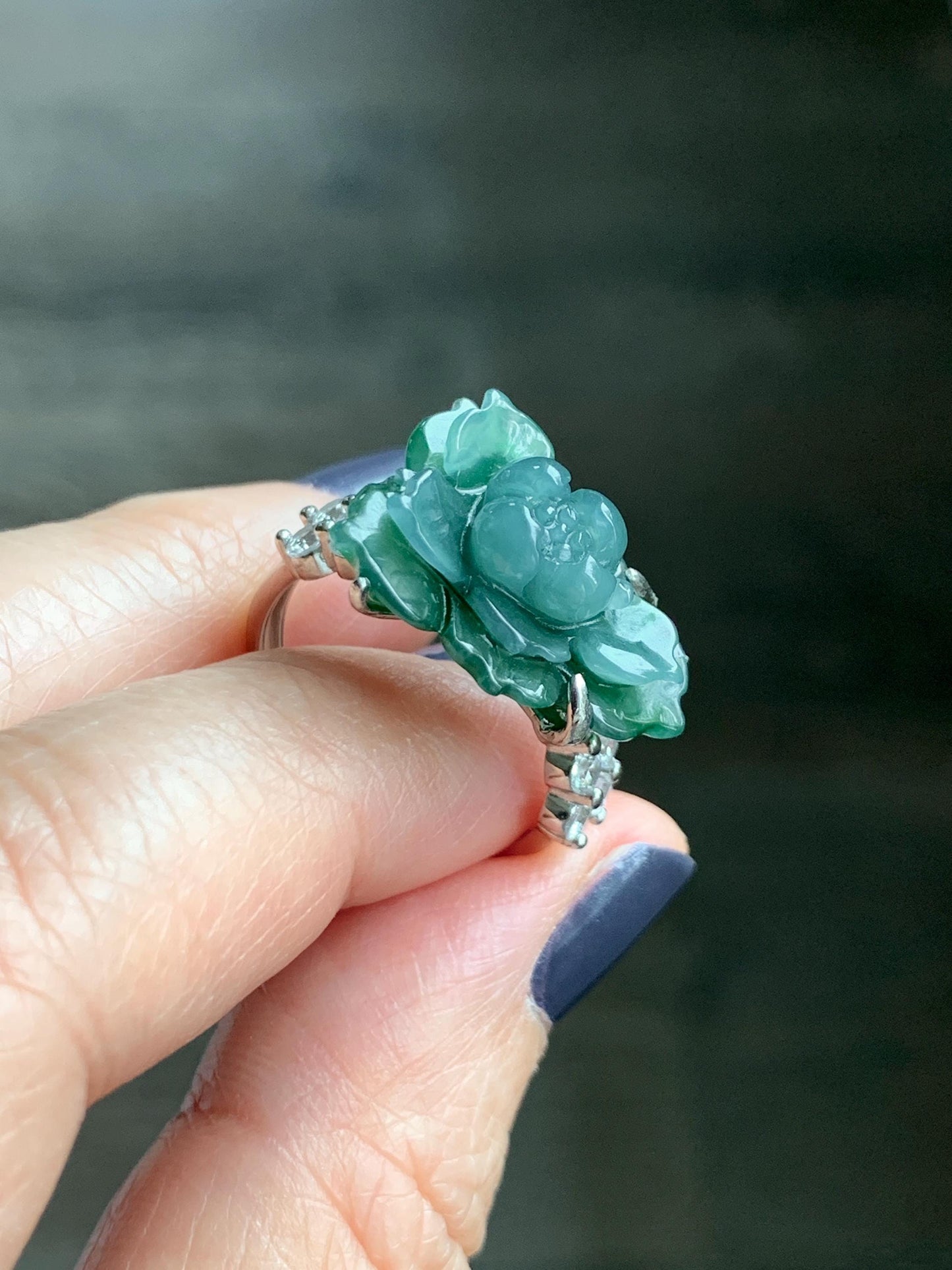 Natural Grade A Guatemalan Icy Blue & Green Bicolored Jade Jadeite Lotus Flower Ring Sterling Silver Size Adjustable 5g 天然冰危深蓝绿翡翠莲花戒指WLY150H