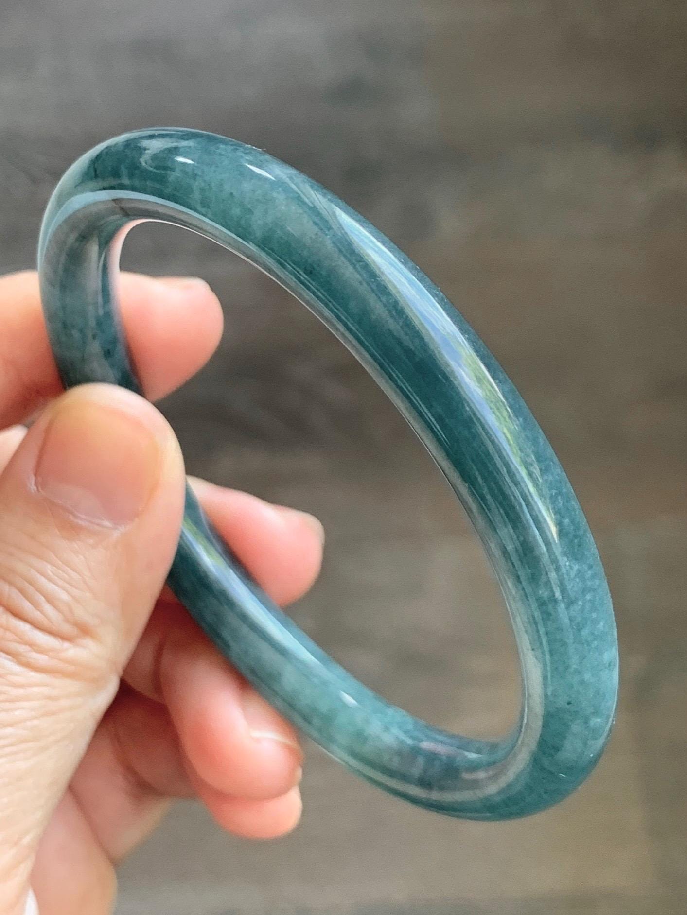 Certified Natural Grade A Guatemalan Icy Translucent Dark Aegean Blue Jade Jadeite Bangle Bracelet 58.7mm 7.26” 35g 天然危深牛仔蓝翡翠细圆条手镯 510