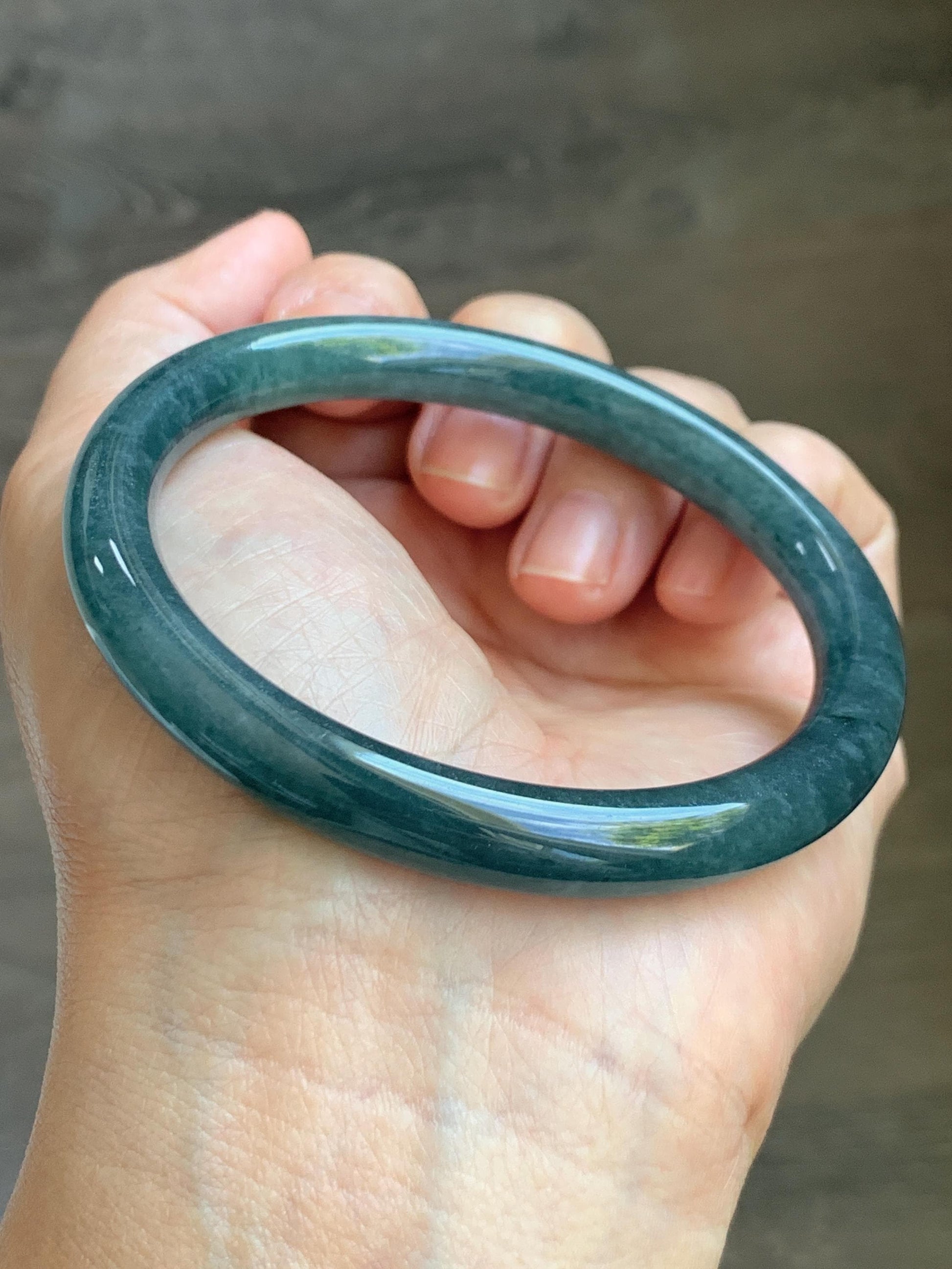 Certified Natural Grade A Guatemalan Icy Translucent Dark Aegean Blue Jade Jadeite Bangle Bracelet 58.7mm 7.26” 35g 天然危深牛仔蓝翡翠细圆条手镯 510