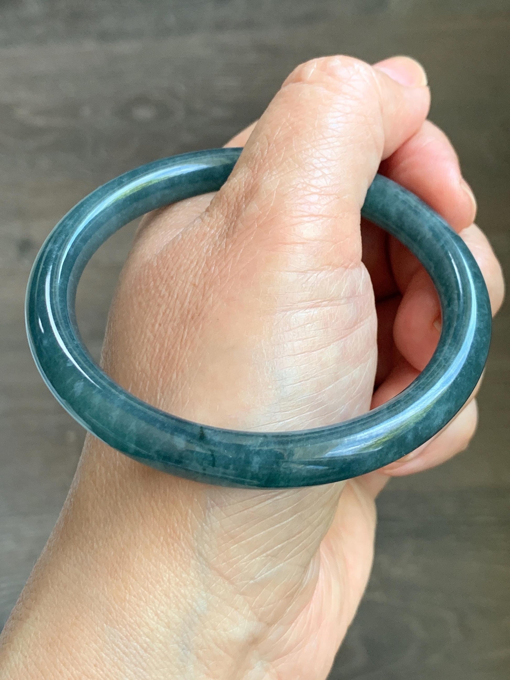 Certified Natural Grade A Guatemalan Icy Translucent Dark Aegean Blue Jade Jadeite Bangle Bracelet 58.7mm 7.26” 35g 天然危深牛仔蓝翡翠细圆条手镯 510